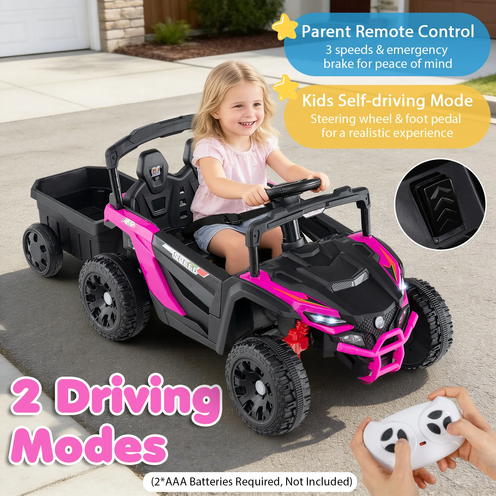 12V Battery Powered Ride On Tractor with Parent Remote Control-MH, Black & Pink - Image 9