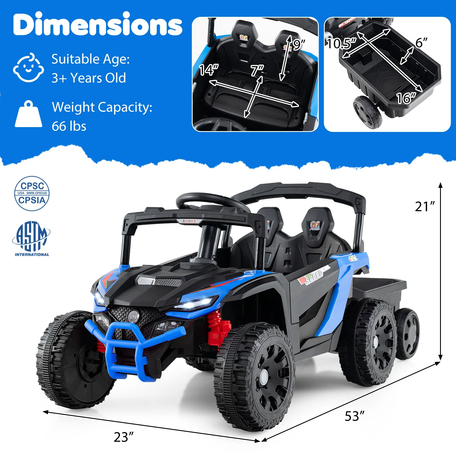 12V Battery Powered Ride On Tractor with Parent Remote Control-NY, Black & Blue - Image 6
