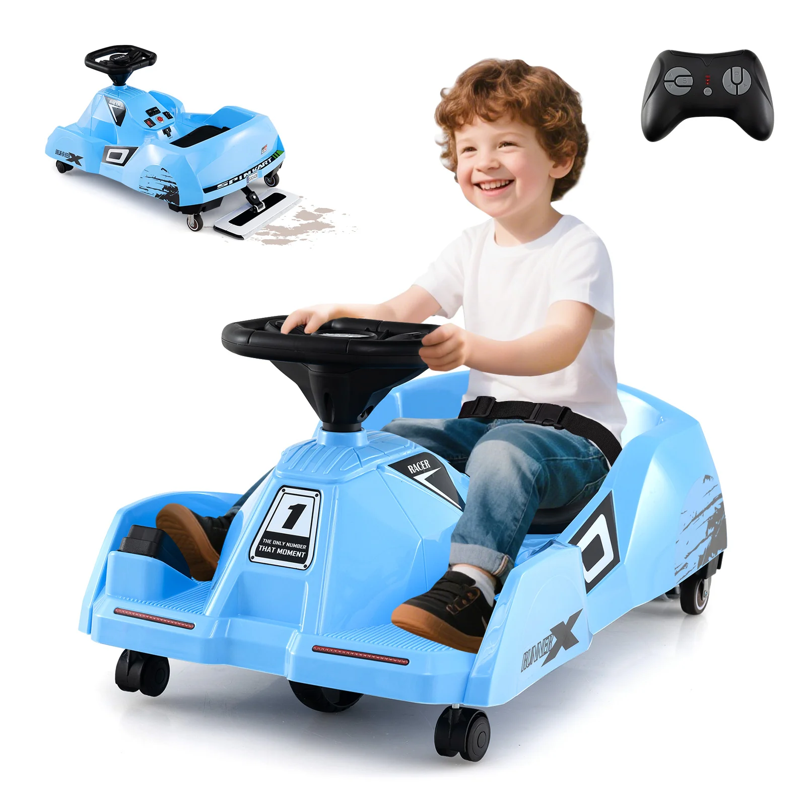 12V Electric Go Kart, Detachable Mop, Remote Control, Blue - Image 4
