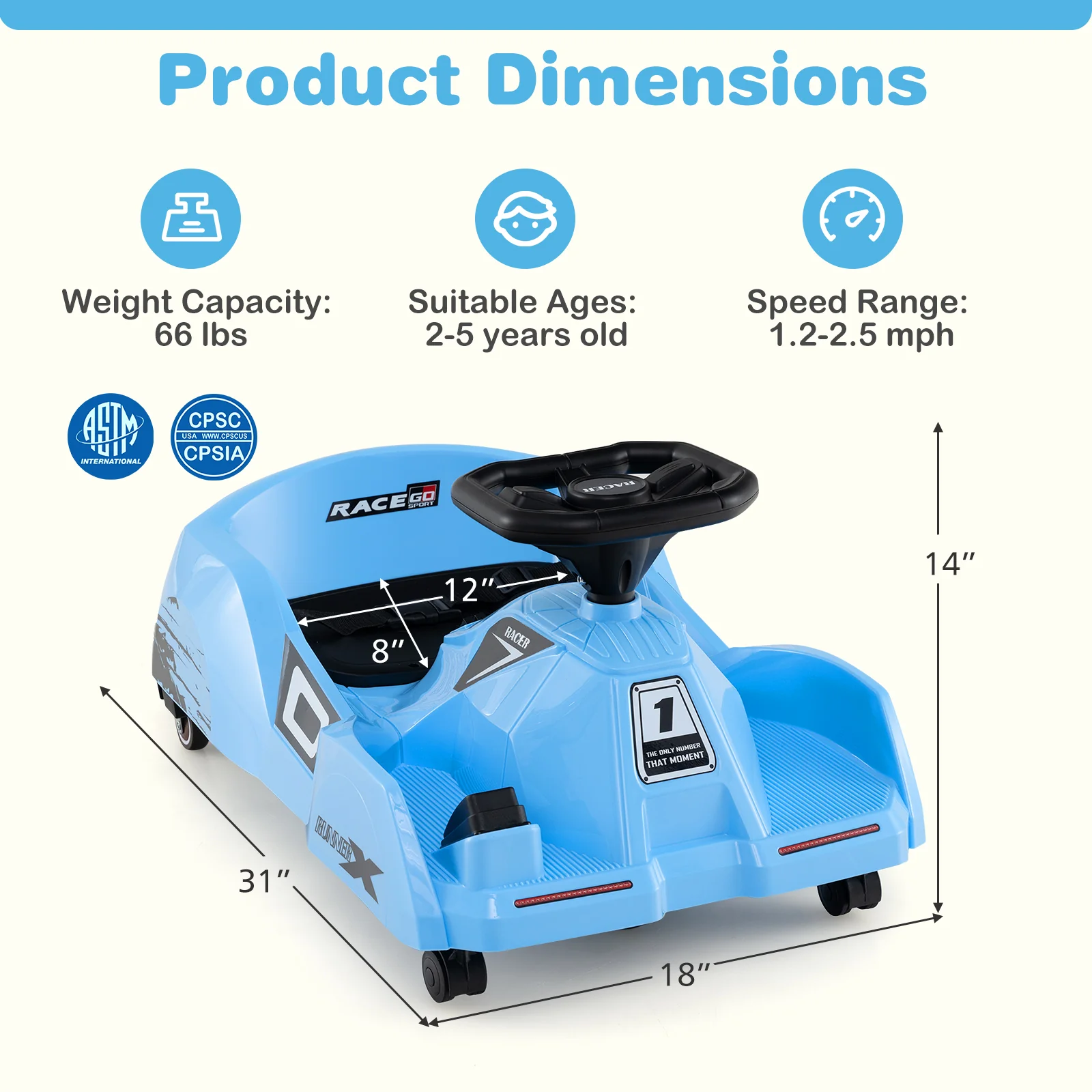 12V Electric Go Kart, Detachable Mop, Remote Control, Blue - Image 5