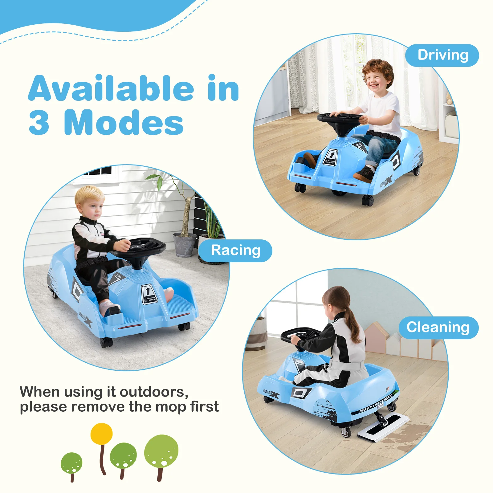 12V Electric Go Kart, Detachable Mop, Remote Control, Blue - Image 6