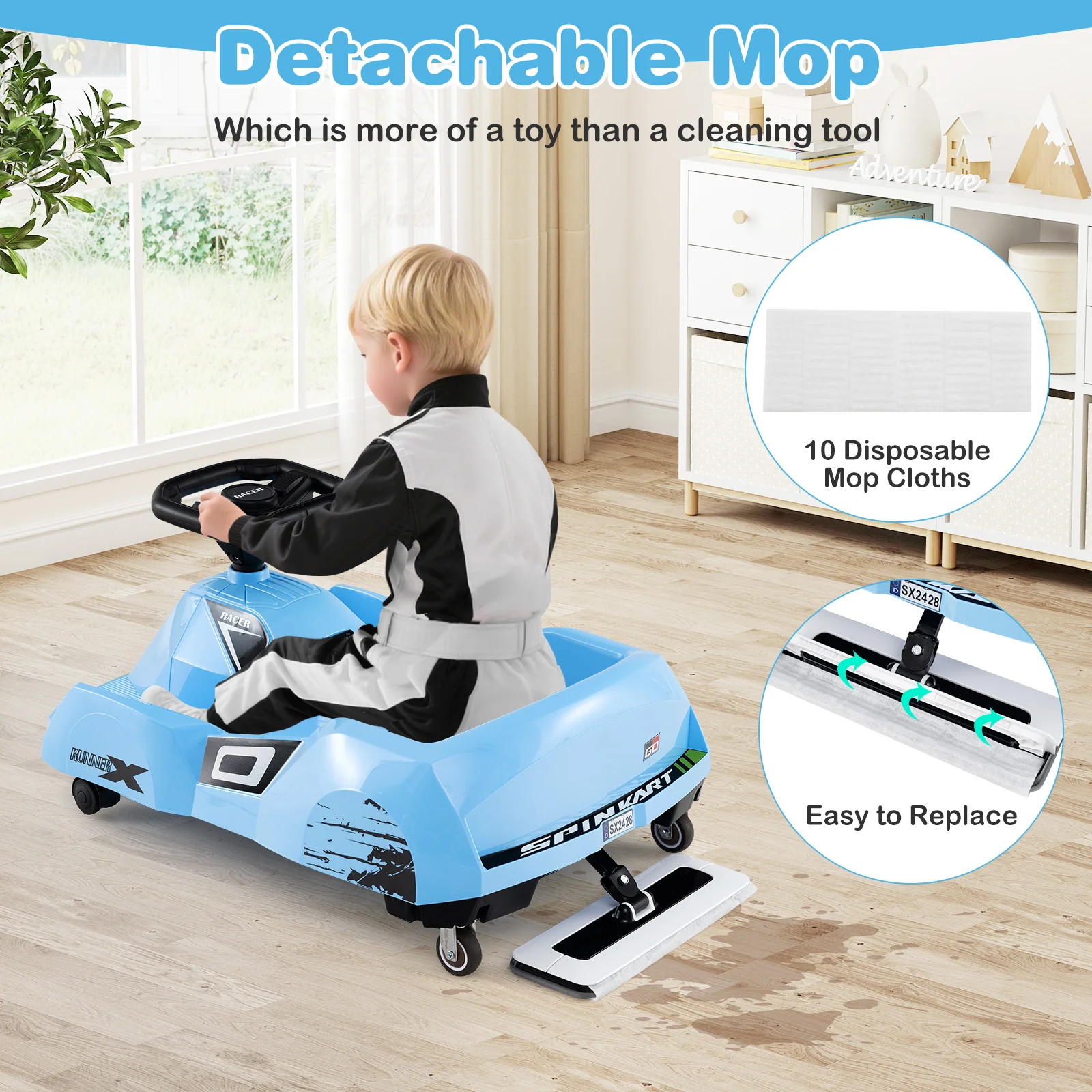12V Electric Go Kart, Detachable Mop, Remote Control, Blue - Image 7