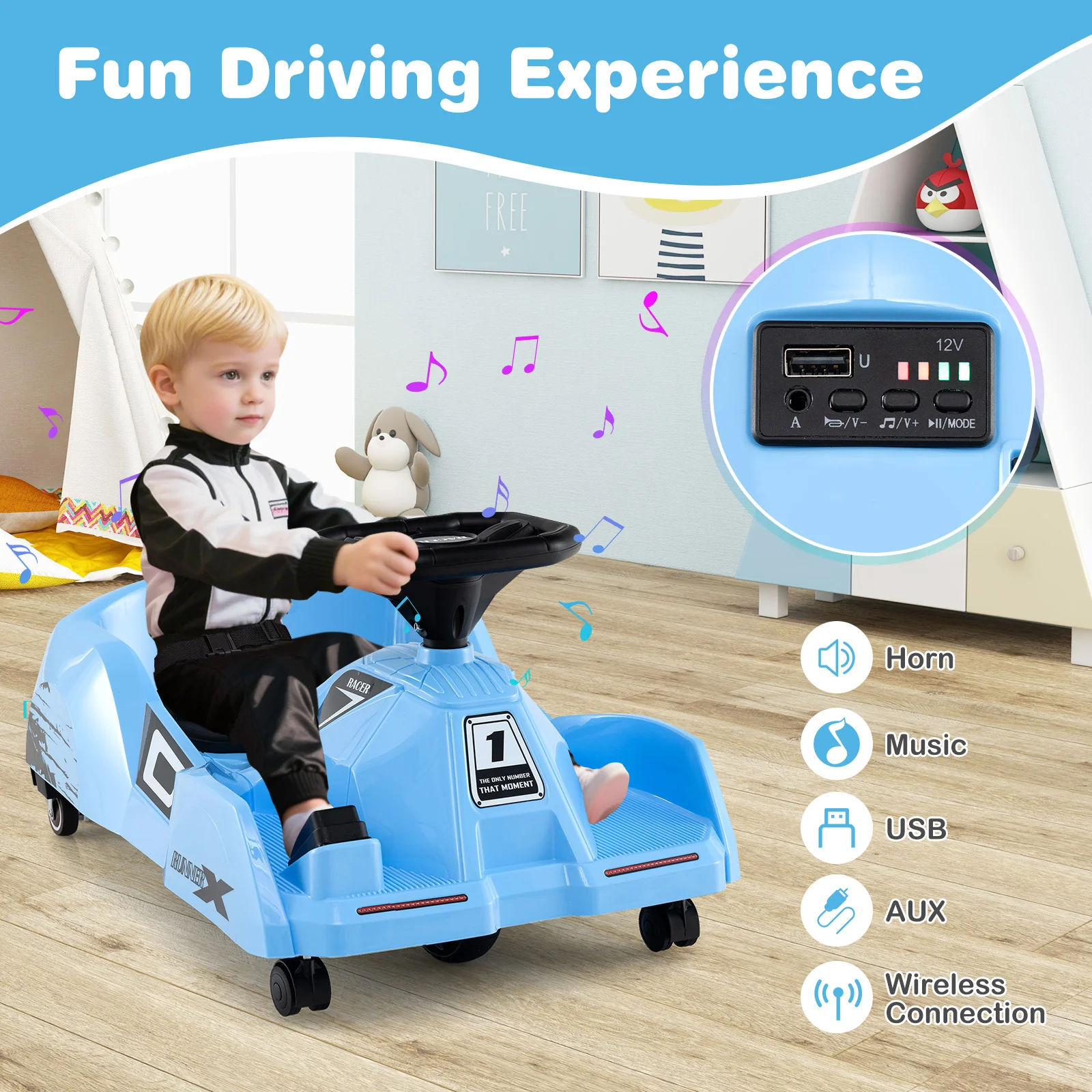 12V Electric Go Kart, Detachable Mop, Remote Control, Blue - Image 8