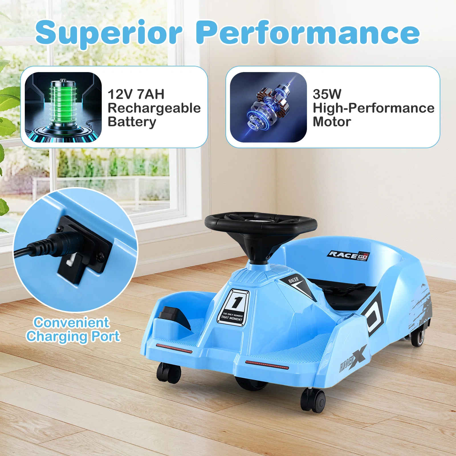 12V Electric Go Kart, Detachable Mop, Remote Control, Blue - Image 9