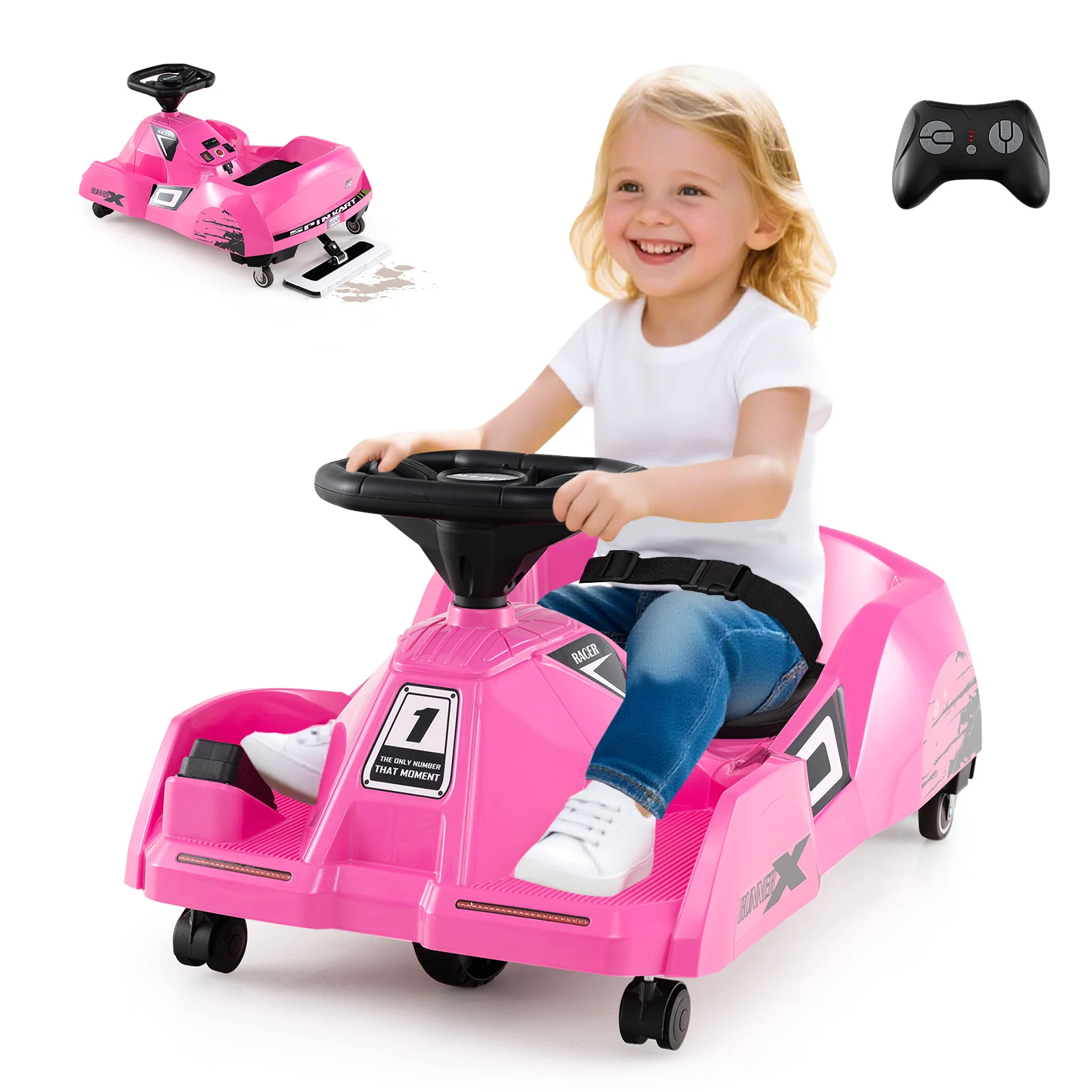 12V Electric Go Kart, Detachable Mop, Remote Control, Pink - Image 4