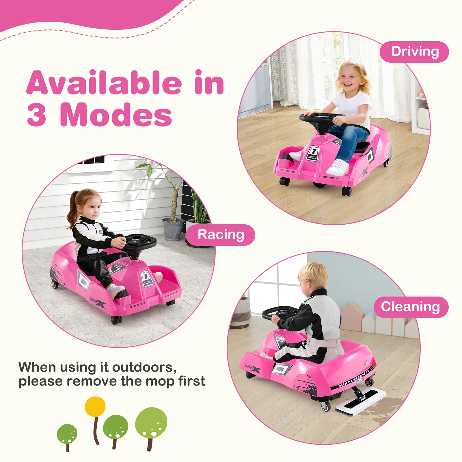 12V Electric Go Kart, Detachable Mop, Remote Control, Pink - Image 6