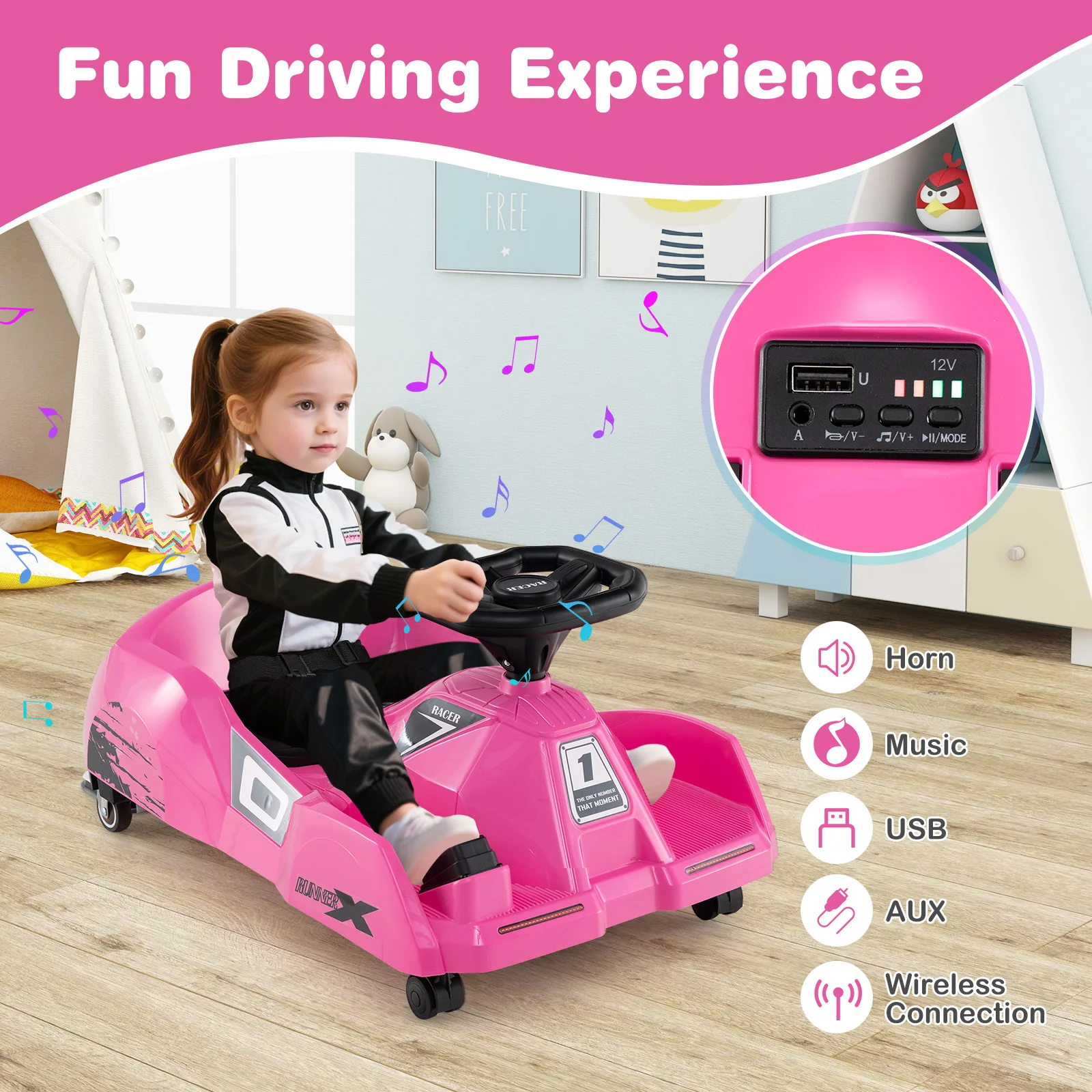 12V Electric Go Kart, Detachable Mop, Remote Control, Pink - Image 8