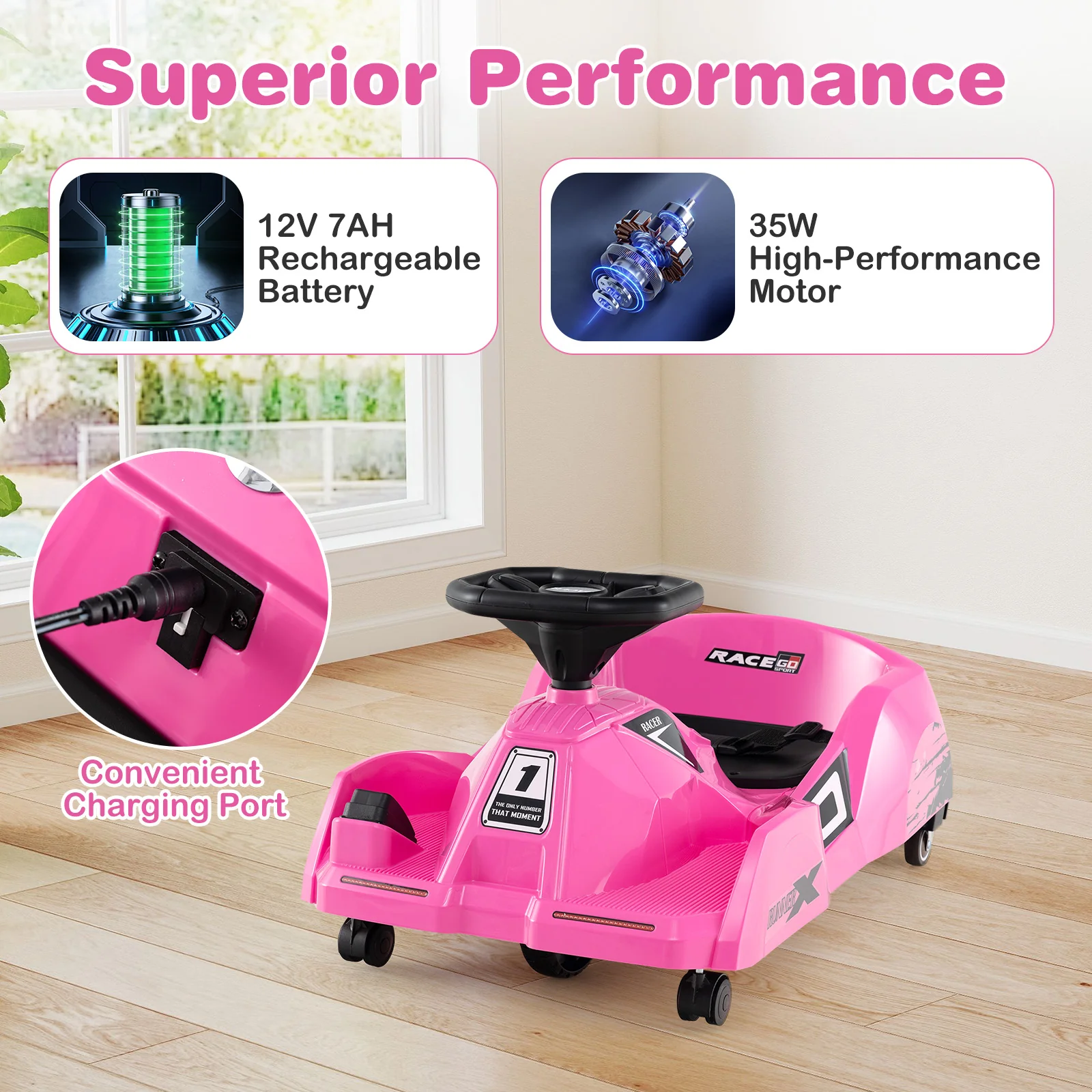 12V Electric Go Kart, Detachable Mop, Remote Control, Pink - Image 9