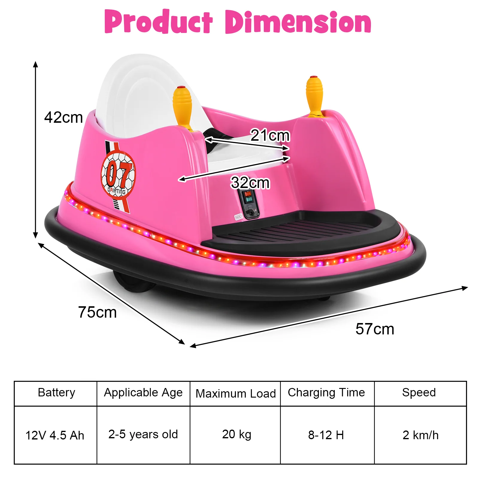 12V Electric Kids Ride On Bumper Car, Flashing Lights, Pink - Image 5