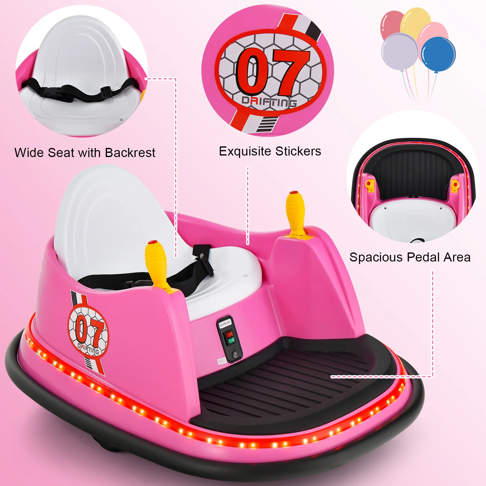 12V Electric Kids Ride On Bumper Car, Flashing Lights, Pink - Image 9
