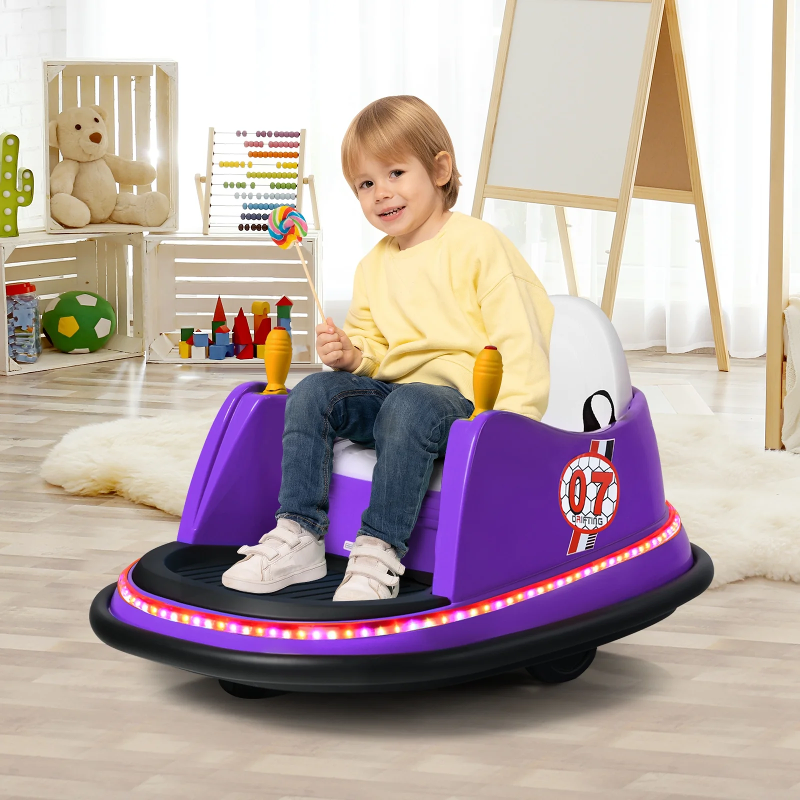 12V Electric Kids Ride On Bumper Car with Flashing Lights for Toddlers, Purple - Image 2