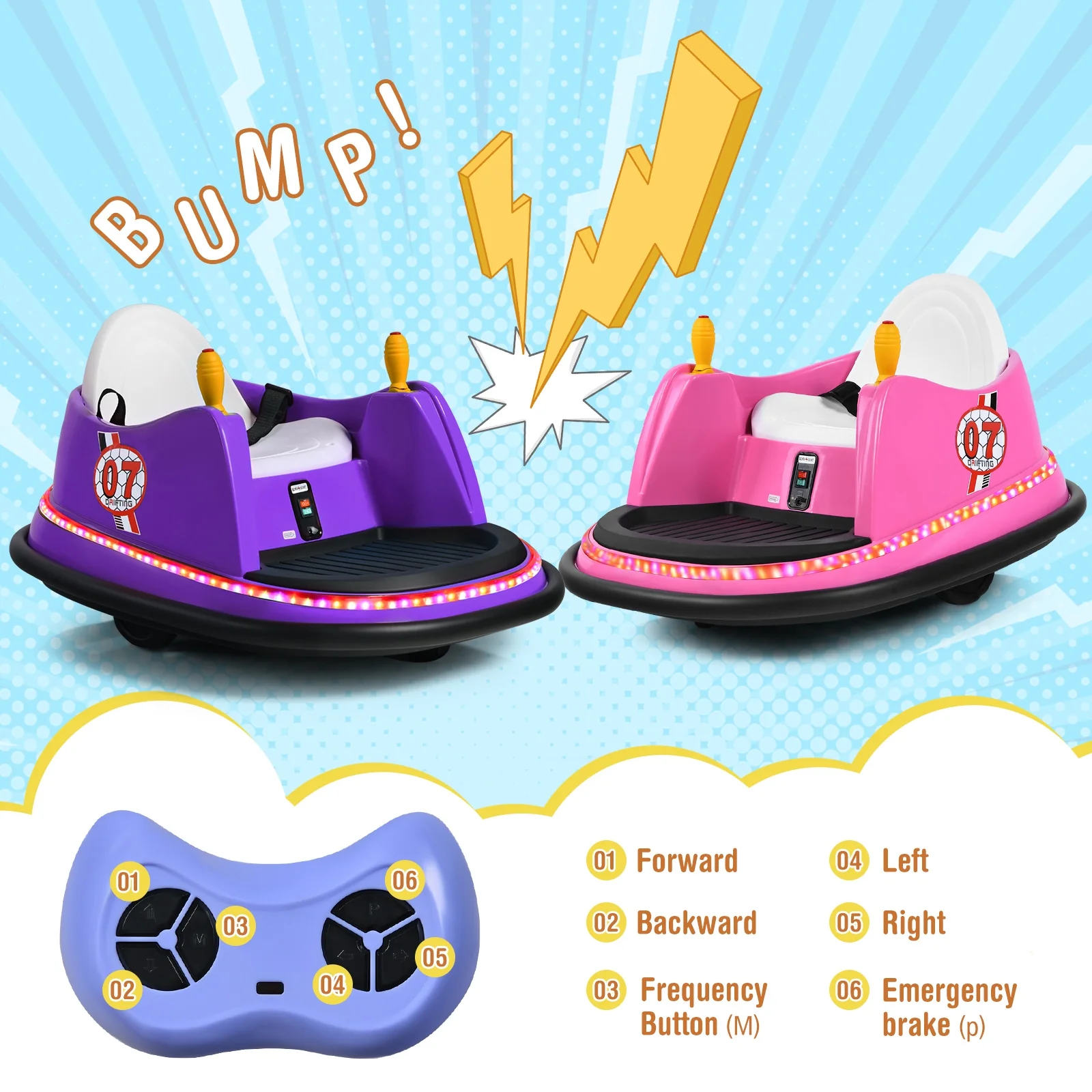 12V Electric Kids Ride On Bumper Car with Flashing Lights for Toddlers, Purple - Image 6