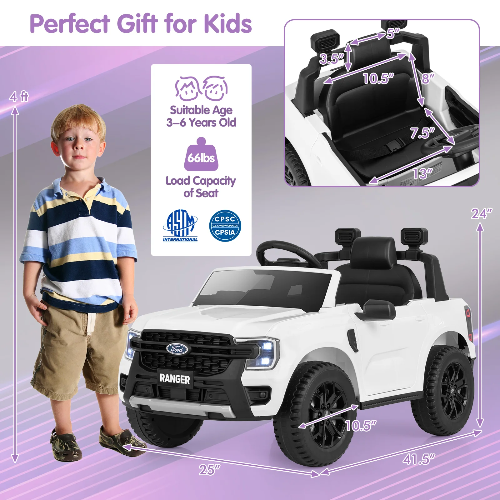 12V Electric Kids Ride On Car, Remote Control, Music, White - Image 5
