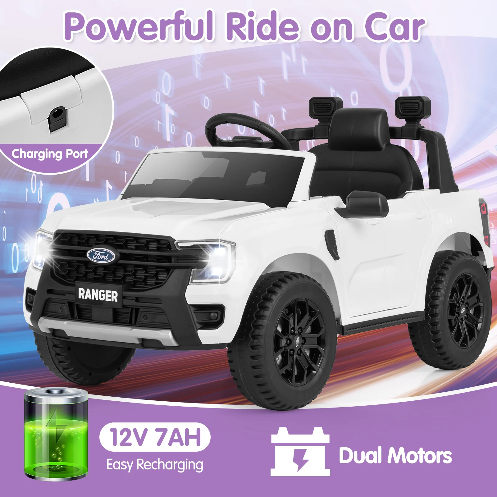 12V Electric Kids Ride On Car, Remote Control, Music, White - Image 6
