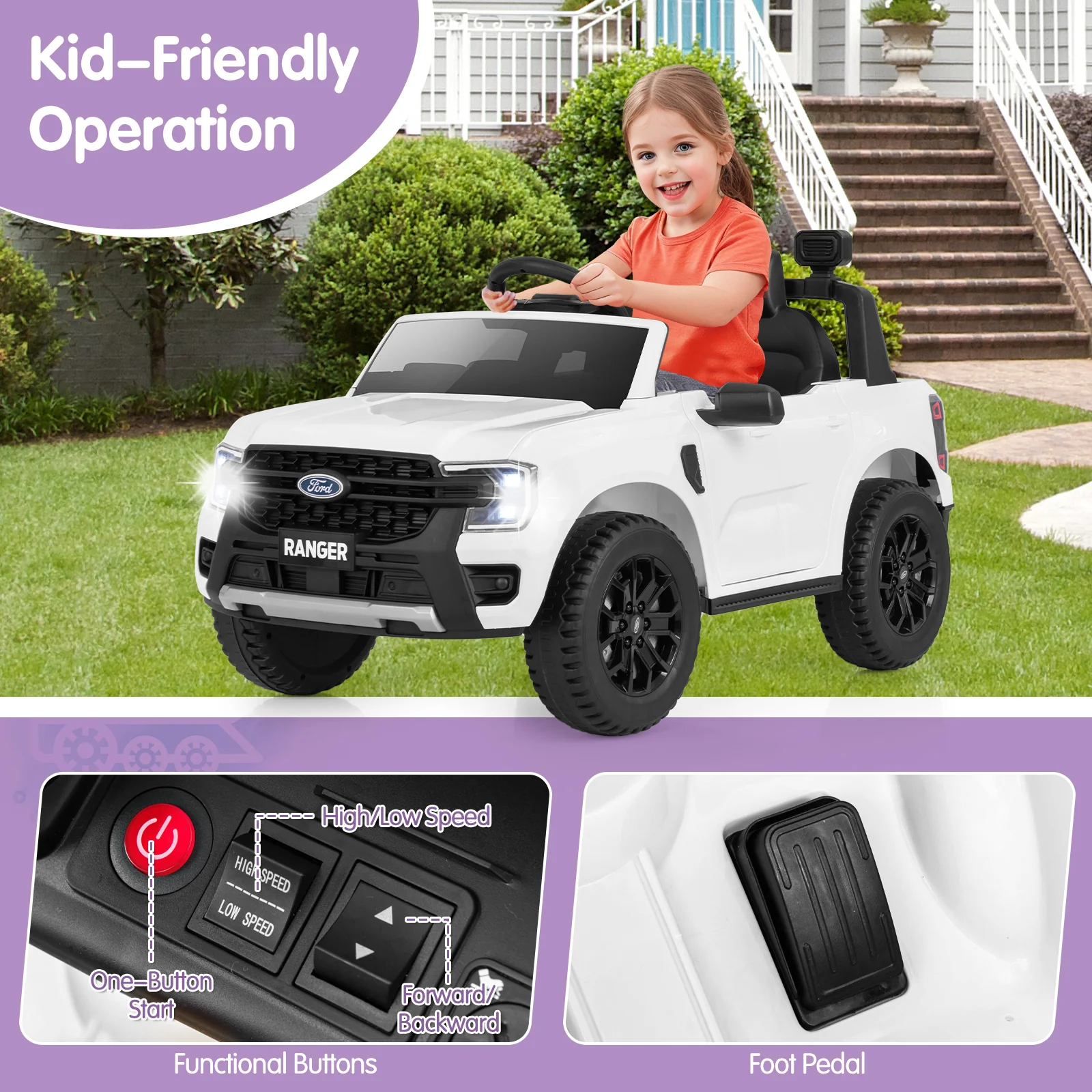 12V Electric Kids Ride On Car, Remote Control, Music, White - Image 8