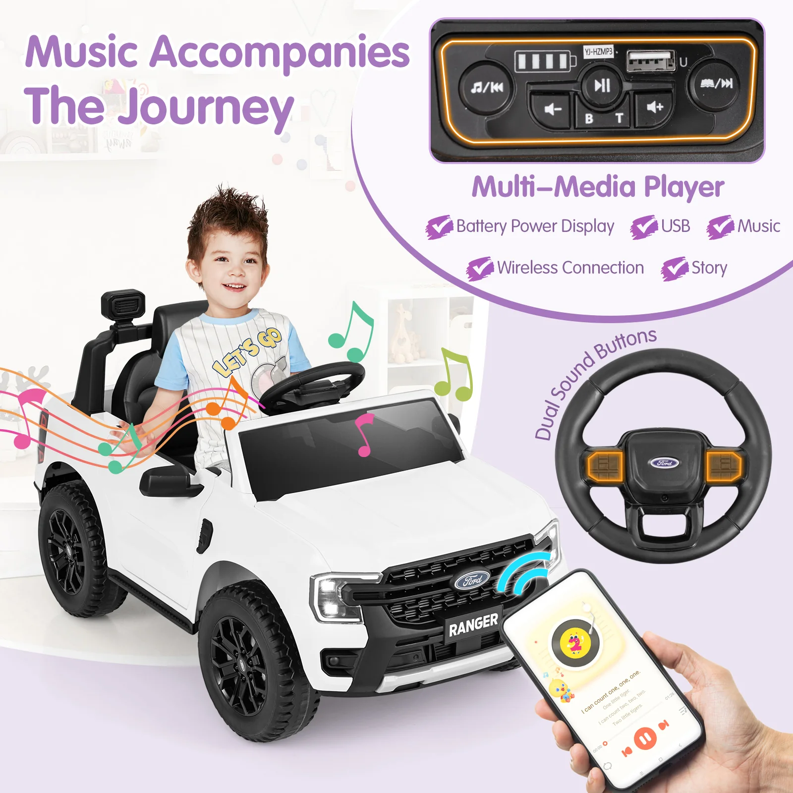 12V Electric Kids Ride On Car, Remote Control, Music, White - Image 9