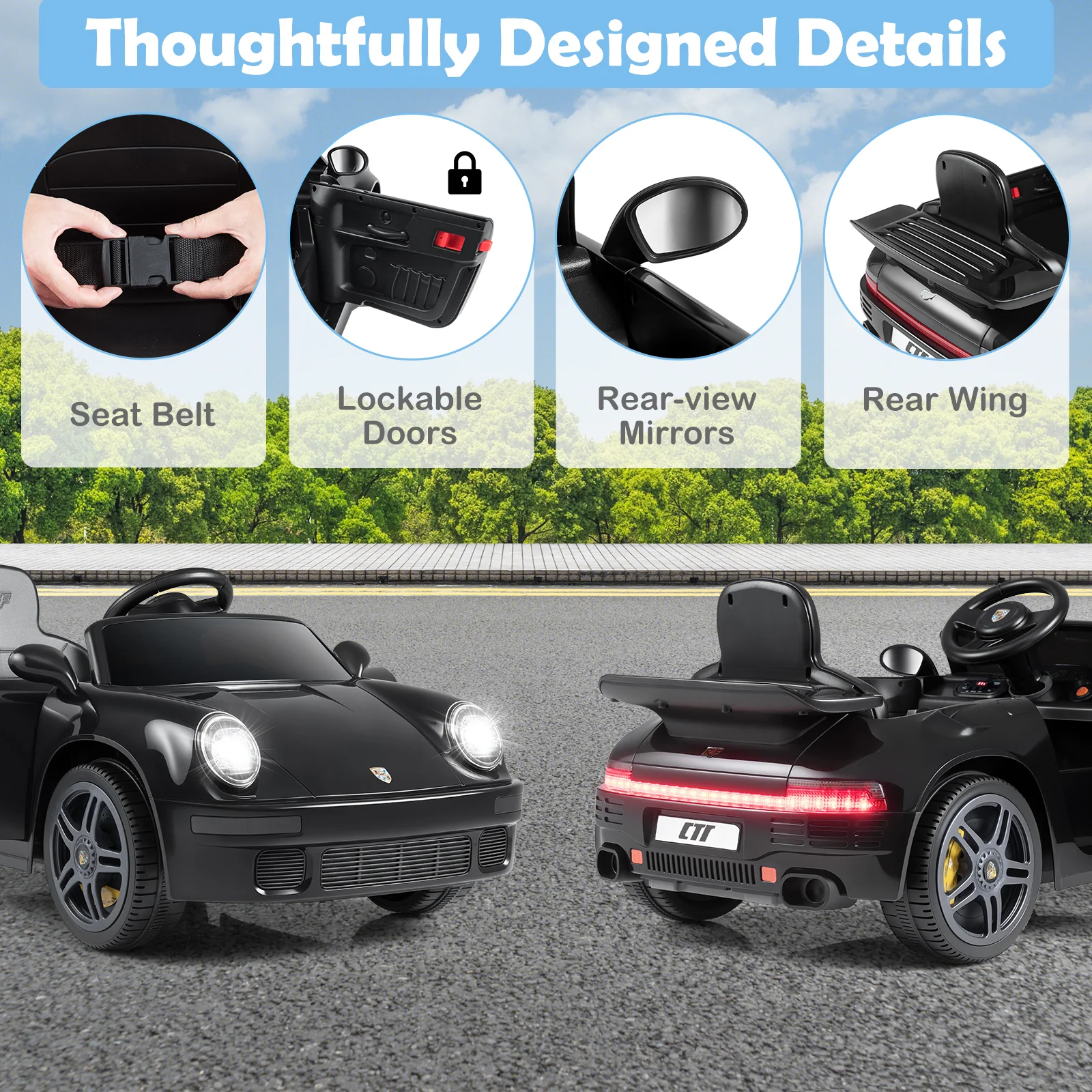 12V Electric Ride On Car Licensed RUF CTR with Remote Control and Music, Black - Image 10