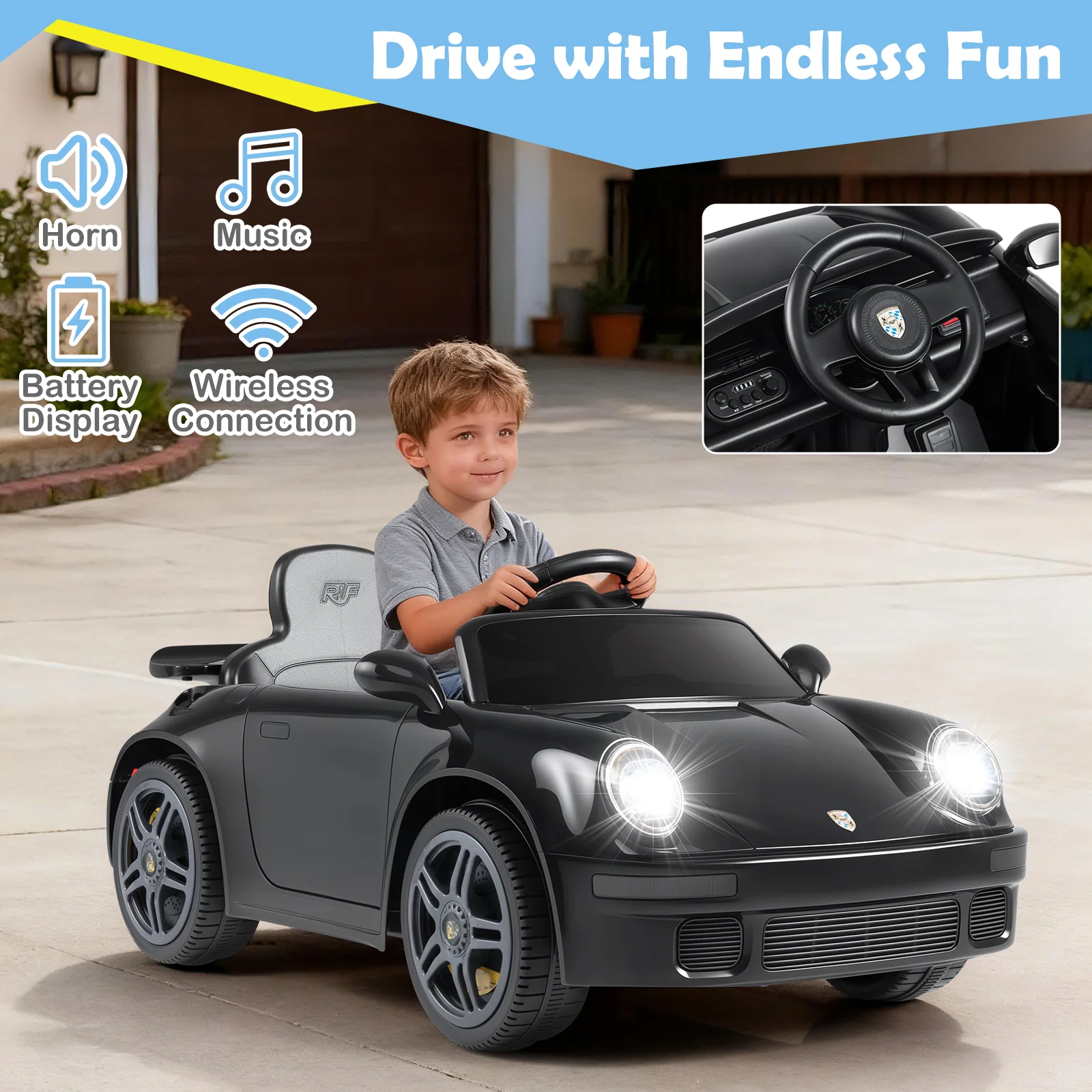 12V Electric Ride On Car Licensed RUF CTR with Remote Control and Music, Black - Image 8