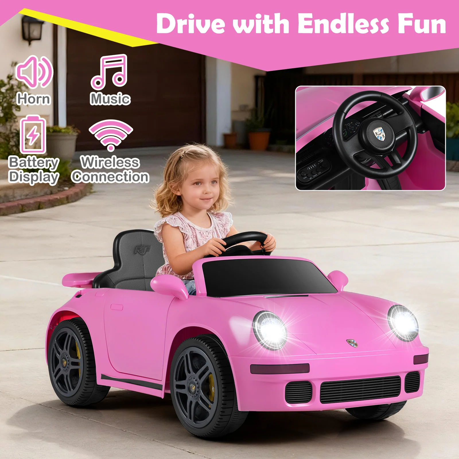 12V Electric Ride On Car Licensed RUF CTR with Remote Control and Music, Pink - Image 8