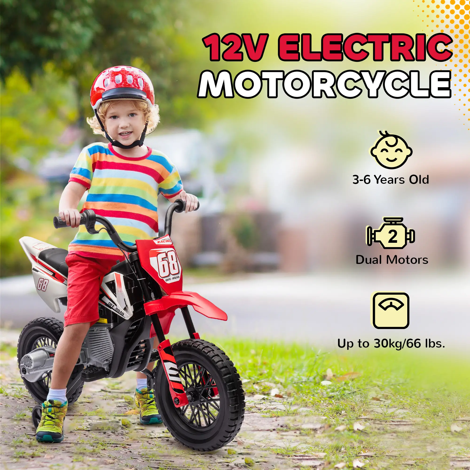 12V Kids Dirt Bike, Electric Motorcycle, Red - Image 6