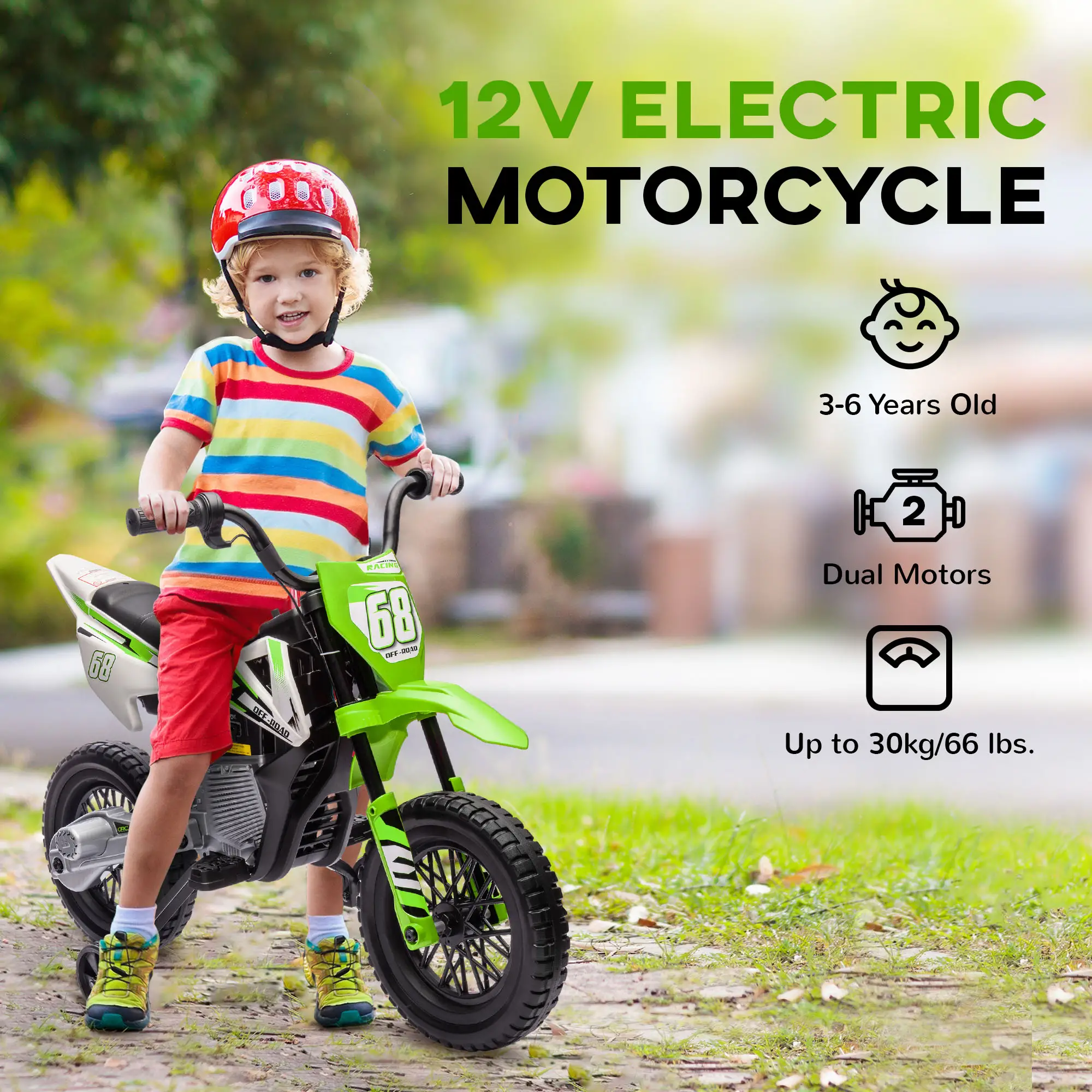 12V Kids Dirt Bike, Electric Motorcycle, Training Wheels, Green - Image 6