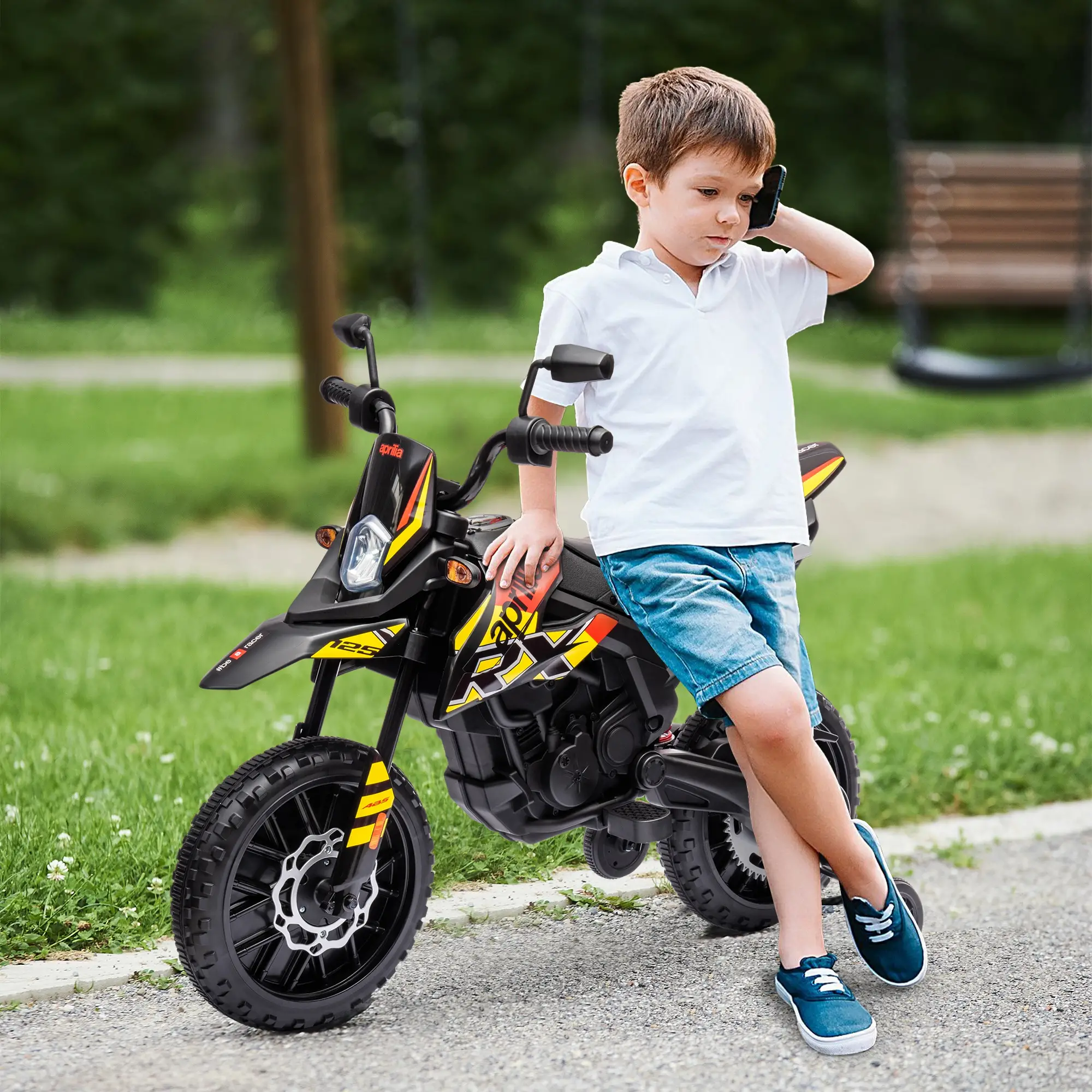 12V Kids Electric Motorcycle, Battery-Powered Dirt Bike, Training Wheels, Yellow - Image 2