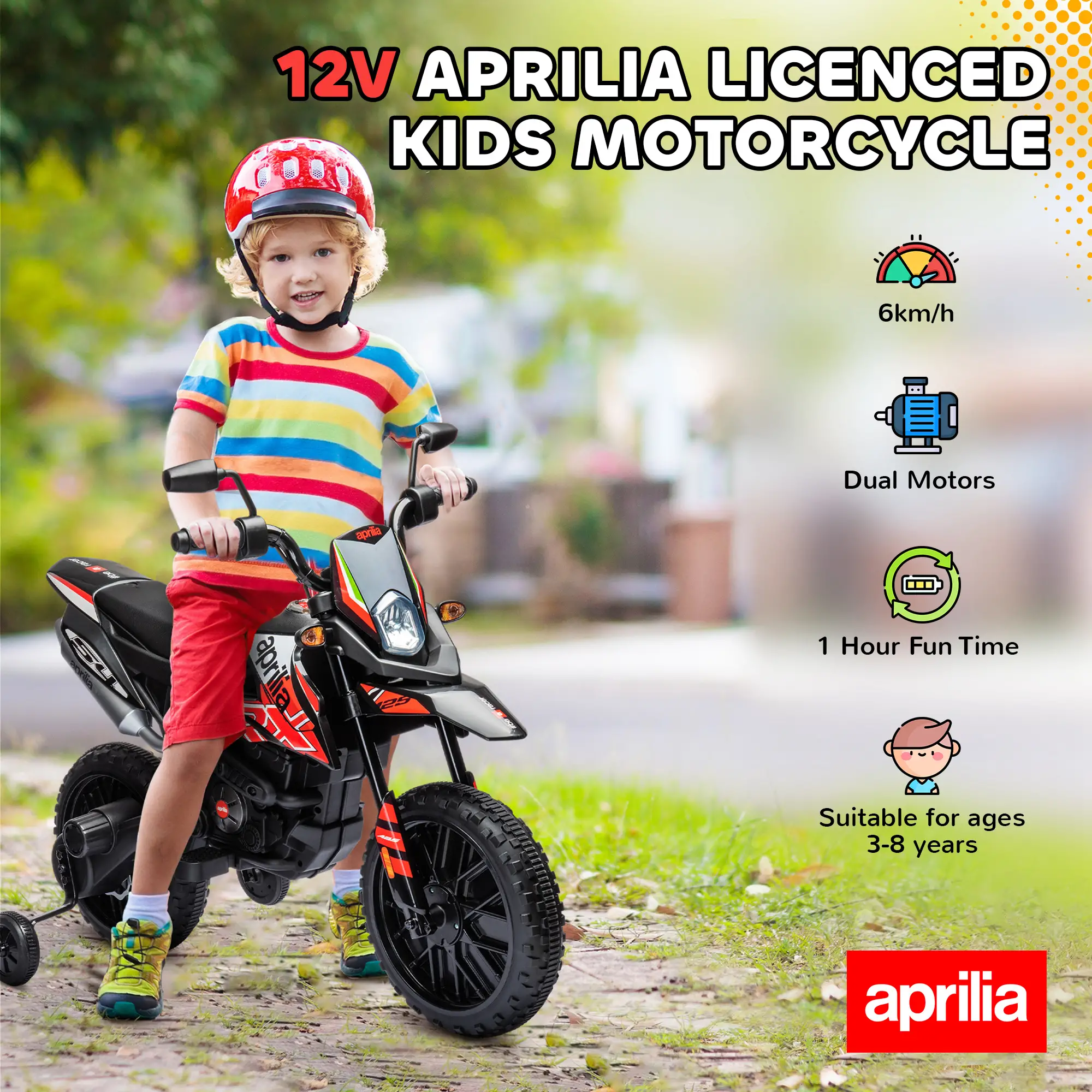 12V Kids Electric Motorcycle, Battery Powered Dirt Bike with Training Wheels, Red - Image 4