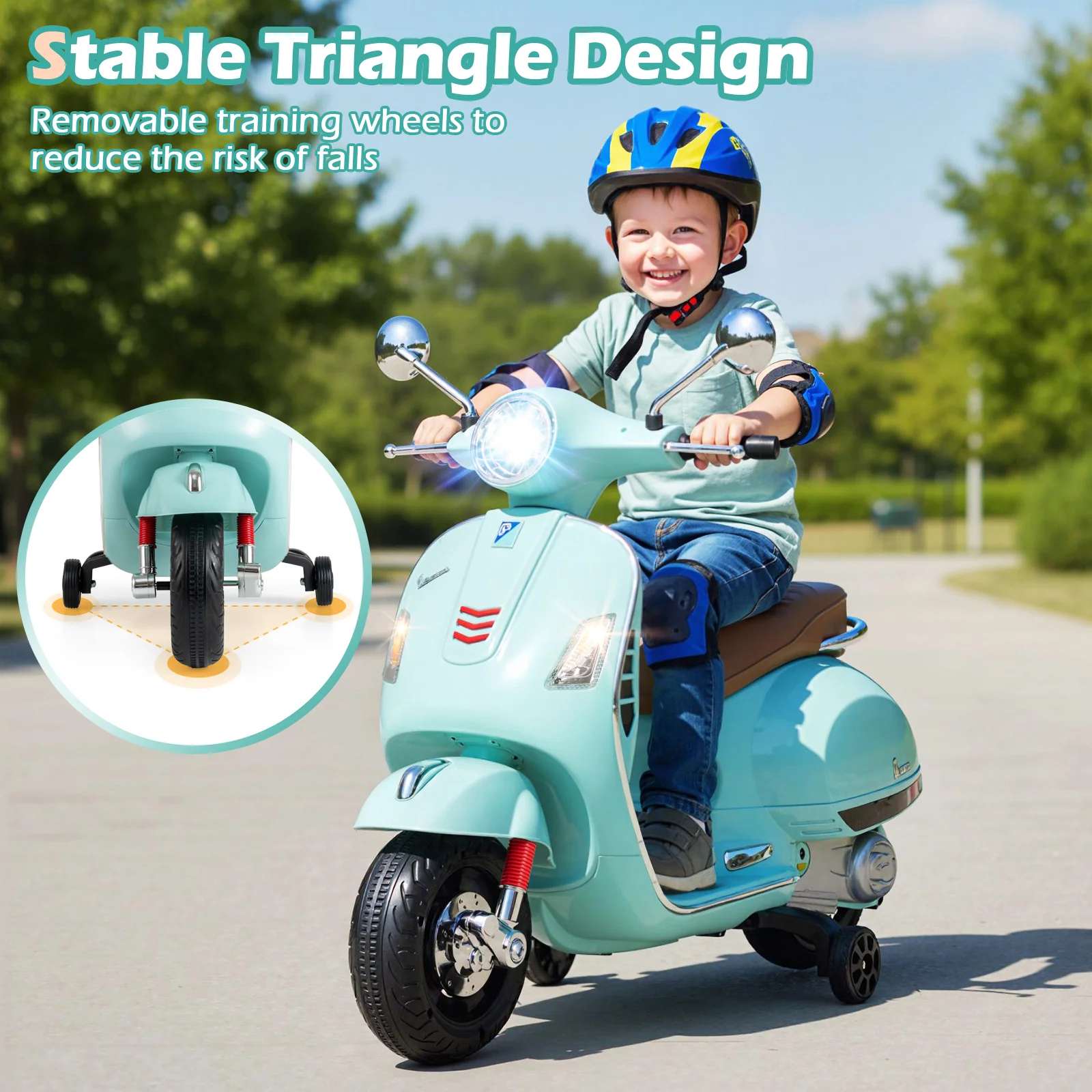 12V Kids Electric Motorcycle Licensed VESPA with Music and Training Wheels, Green - Image 10