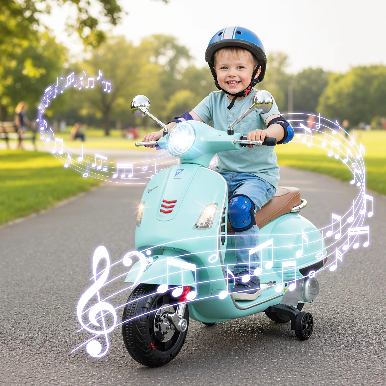 12V Kids Electric Motorcycle Licensed VESPA with Music and Training Wheels, Green - Image 2