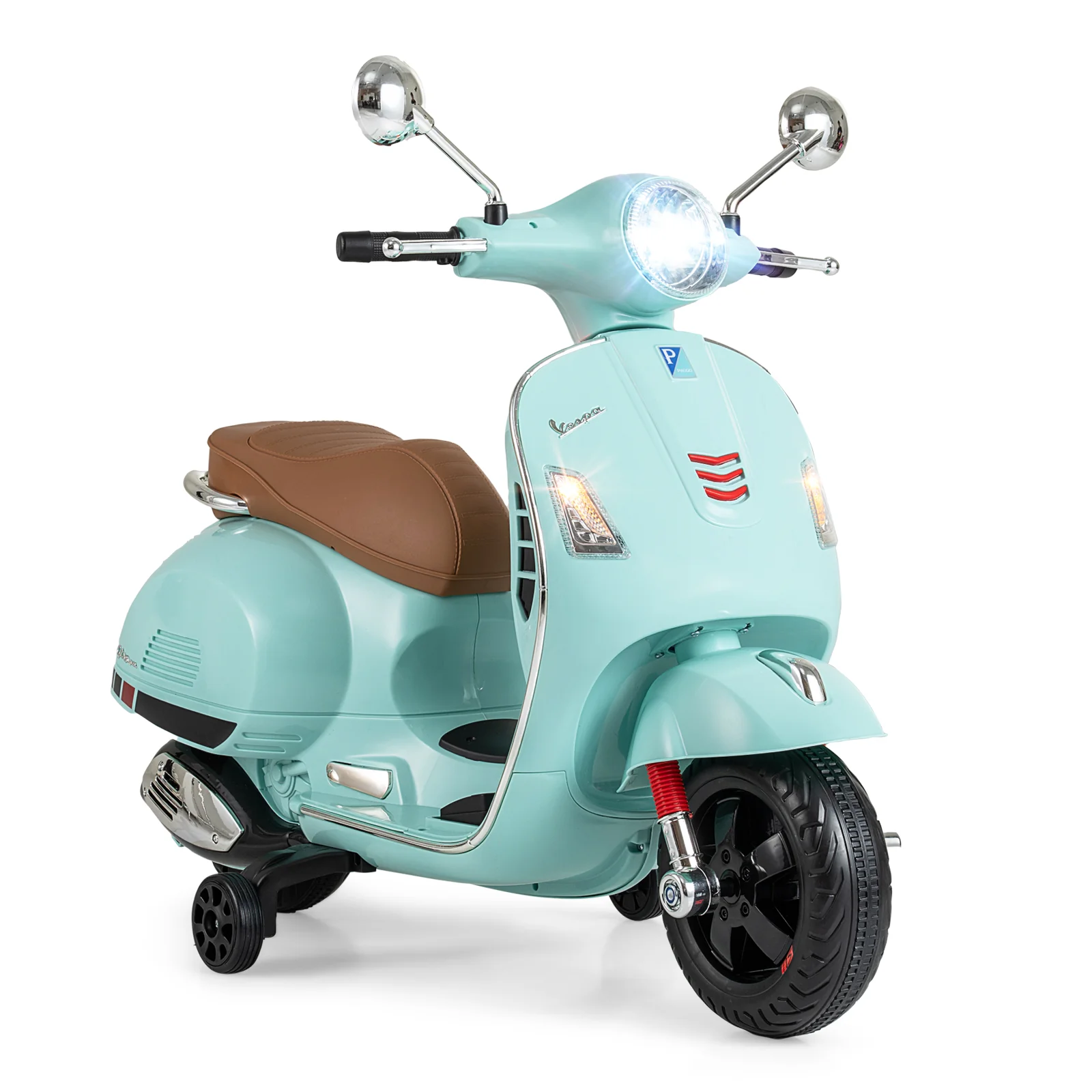 12V Kids Electric Motorcycle Licensed VESPA with Music and Training Wheels, Green - Image 3