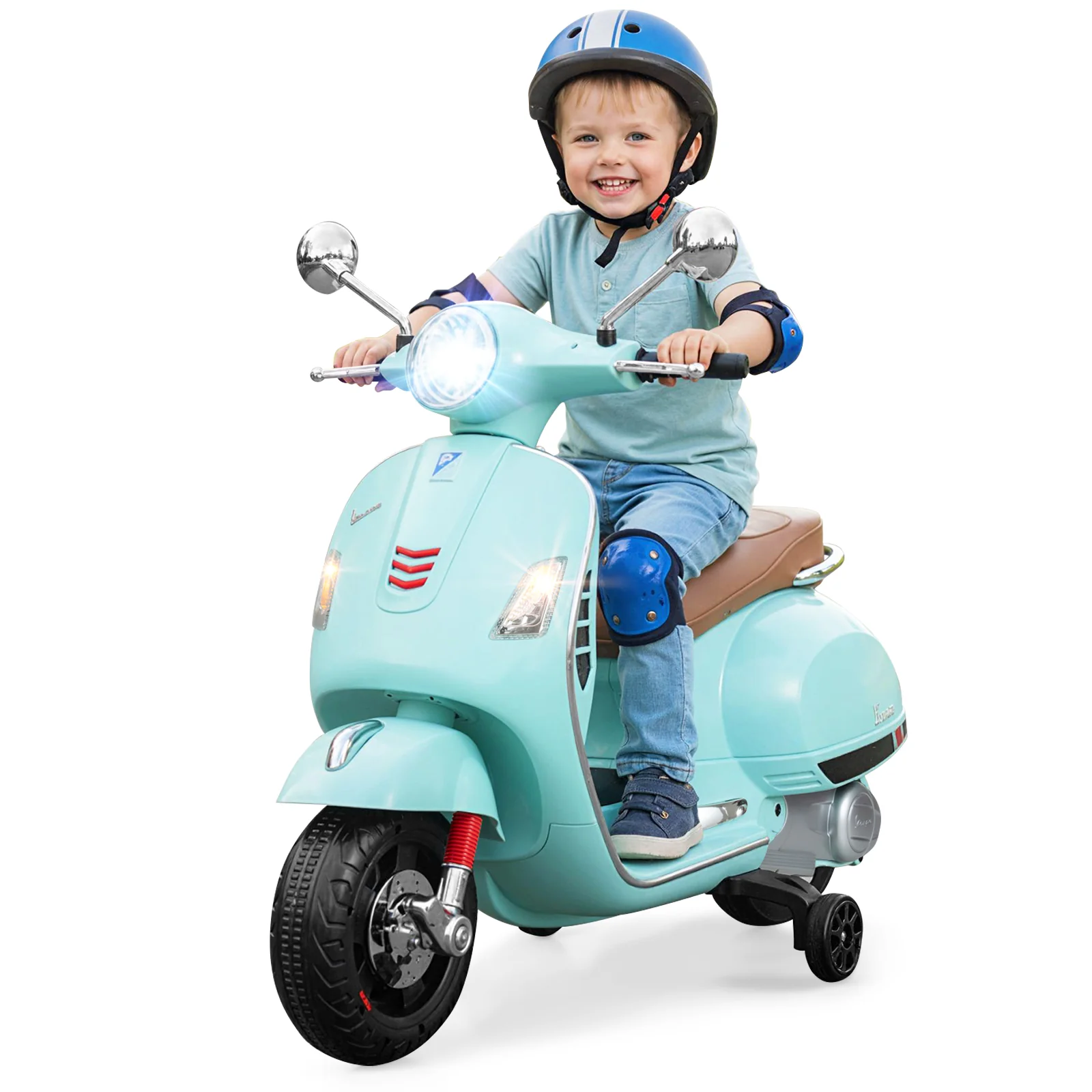 12V Kids Electric Motorcycle Licensed VESPA with Music and Training Wheels, Green - Image 4