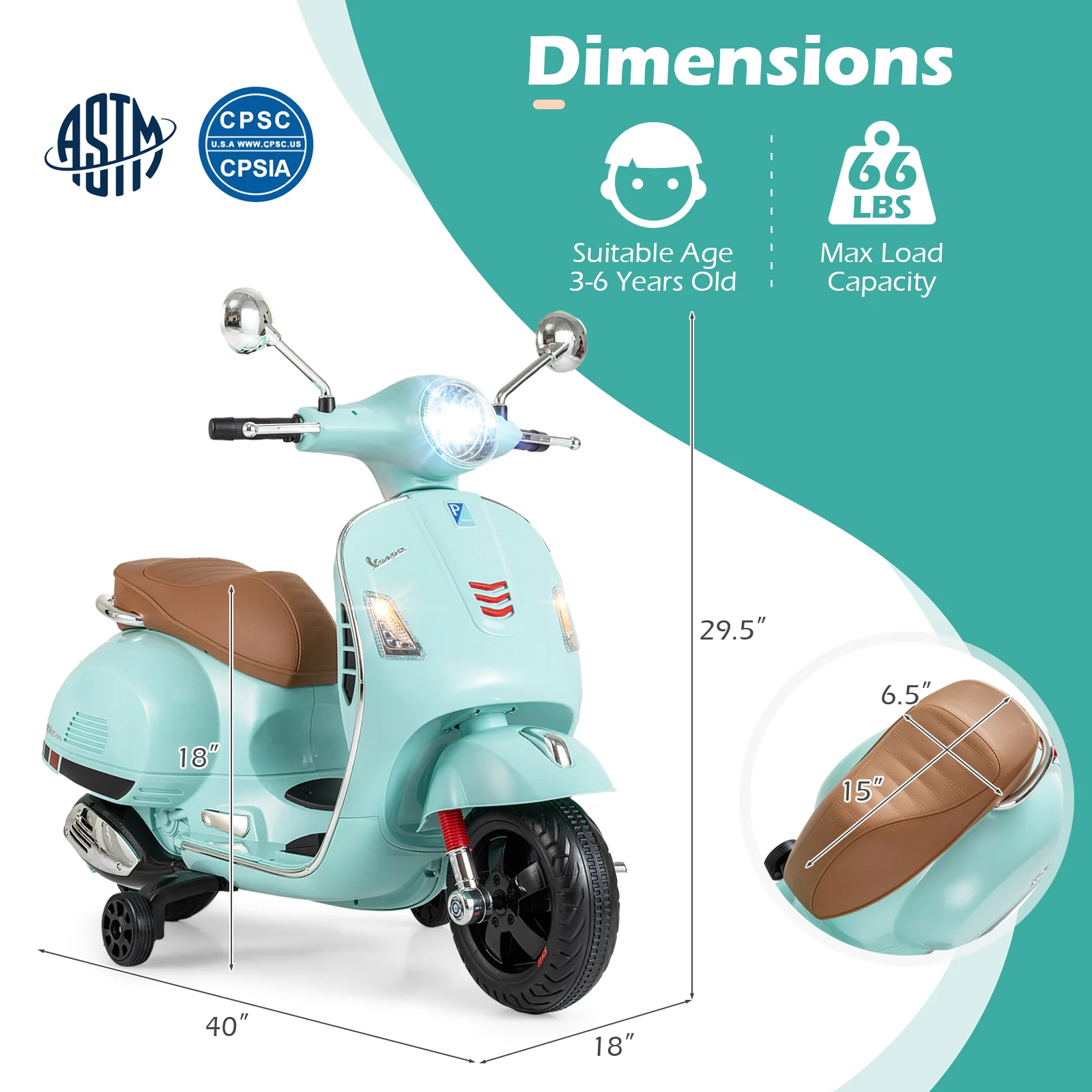 12V Kids Electric Motorcycle Licensed VESPA with Music and Training Wheels, Green - Image 5