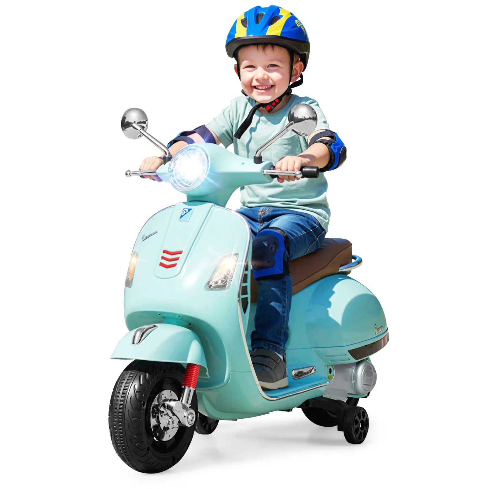 12V Kids Electric Motorcycle Licensed VESPA with Music and Training Wheels, Green - Image 6