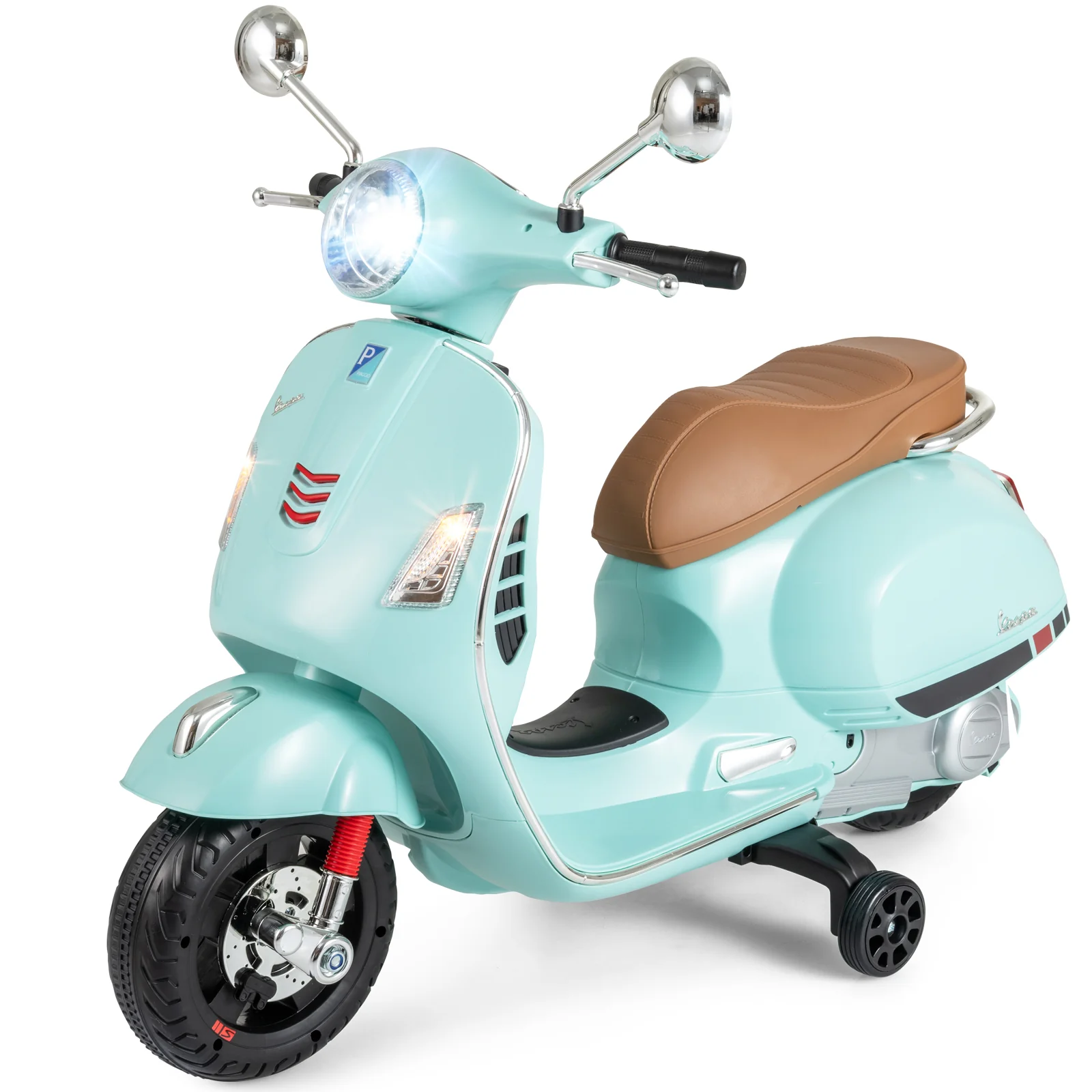 12V Kids Electric Motorcycle Licensed VESPA with Music and Training Wheels, Green - Image 7