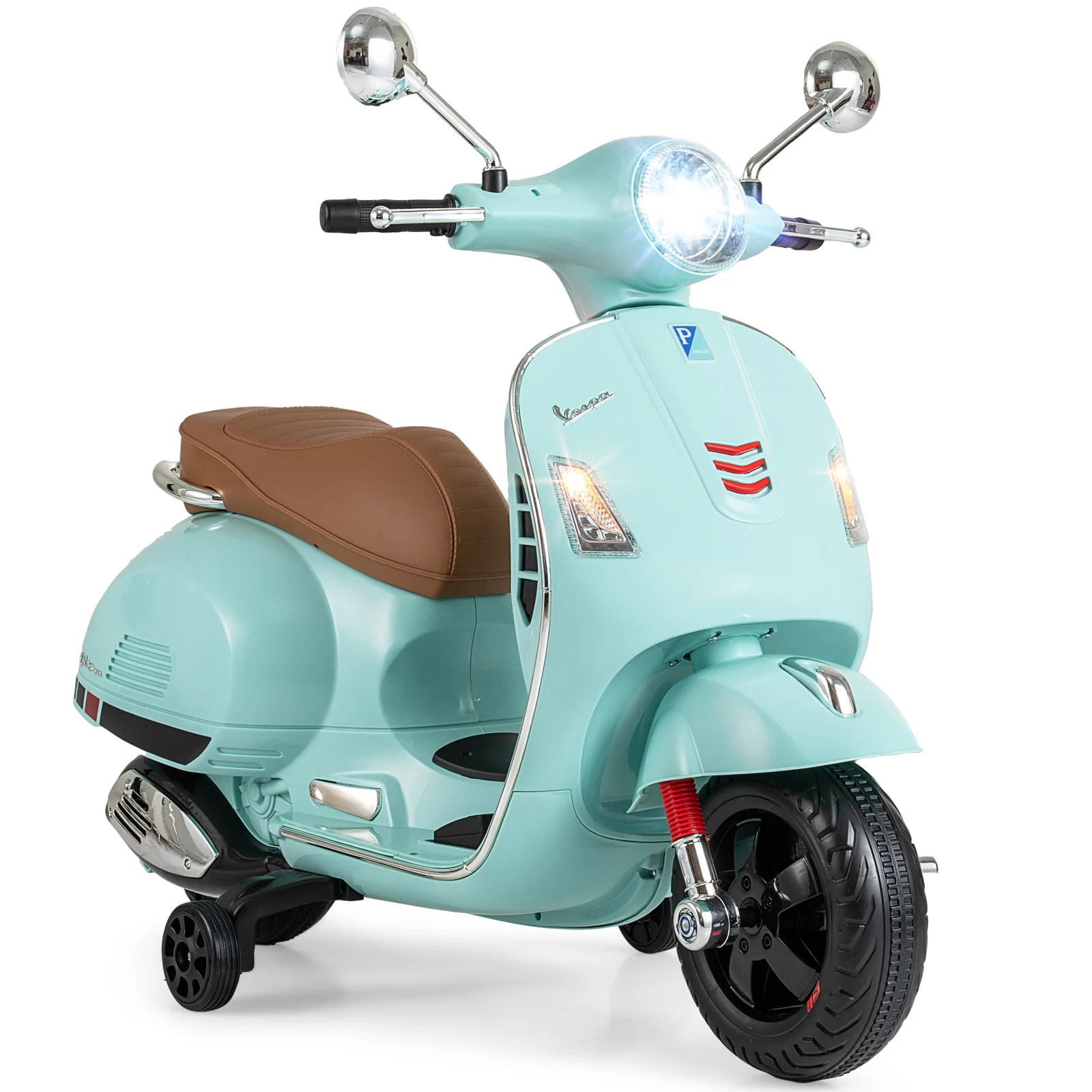 12V Kids Electric Motorcycle Licensed VESPA with Music and Training Wheels, Green - Image 8