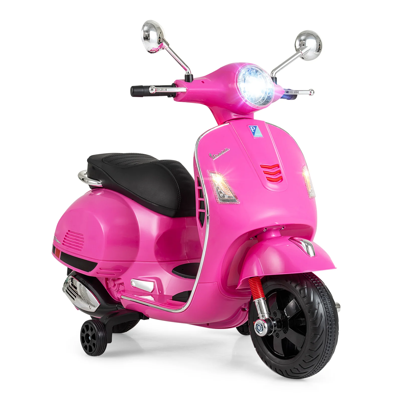 12V Kids Electric Motorcycle Licensed VESPA with Music and Training Wheels, Pink