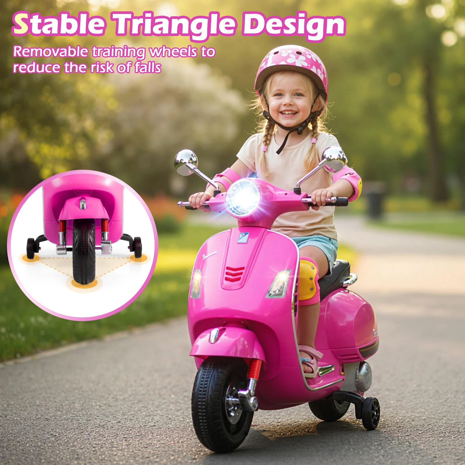 12V Kids Electric Motorcycle Licensed VESPA with Music and Training Wheels, Pink - Image 10