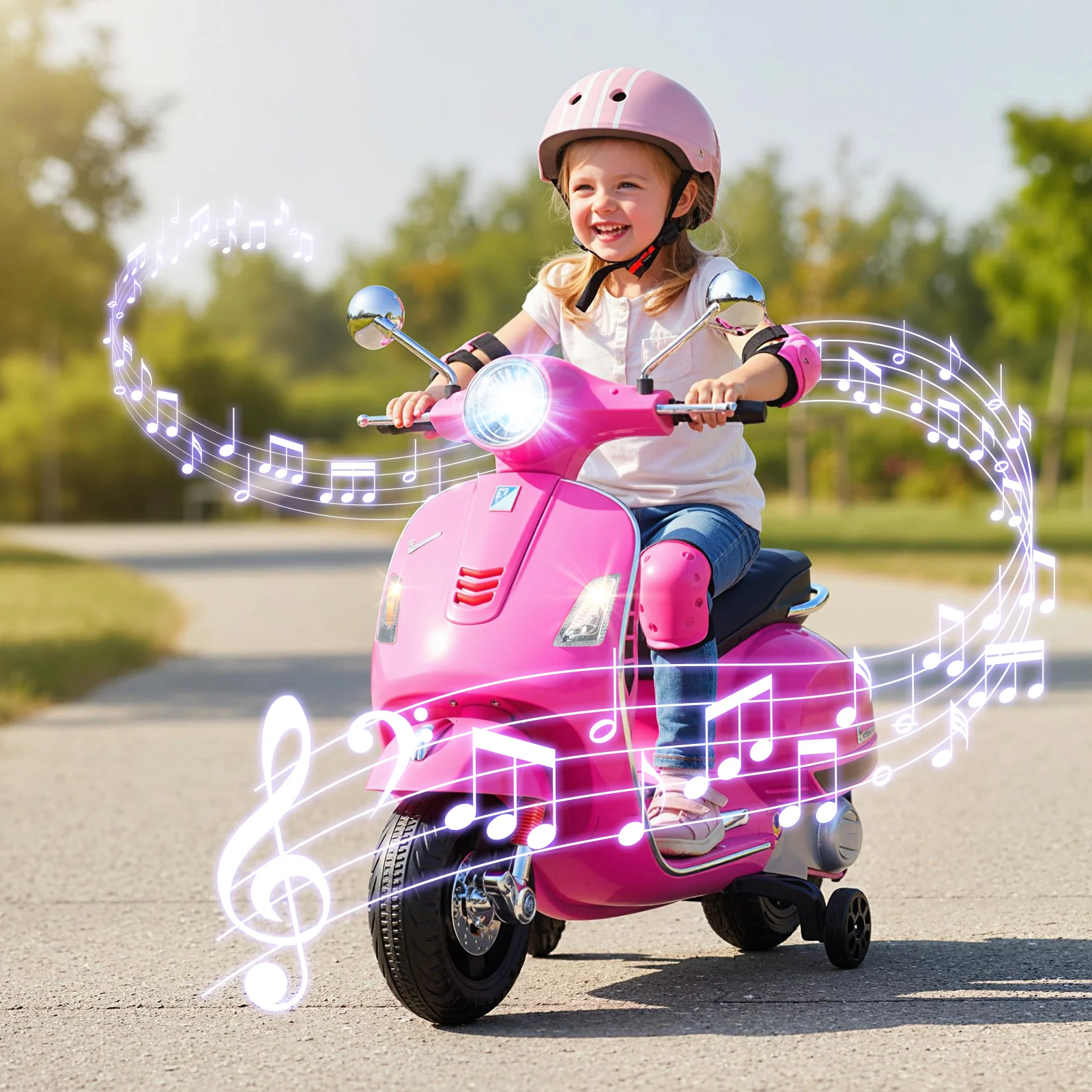 12V Kids Electric Motorcycle Licensed VESPA with Music and Training Wheels, Pink - Image 2