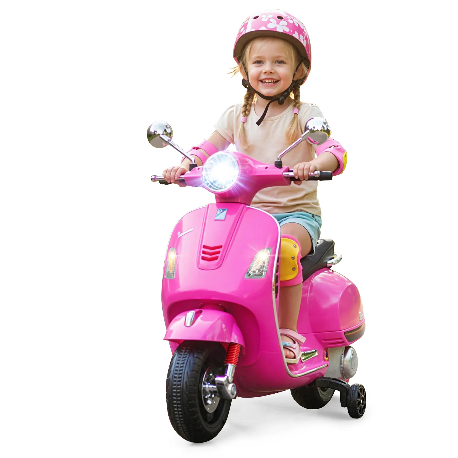12V Kids Electric Motorcycle Licensed VESPA with Music and Training Wheels, Pink - Image 4