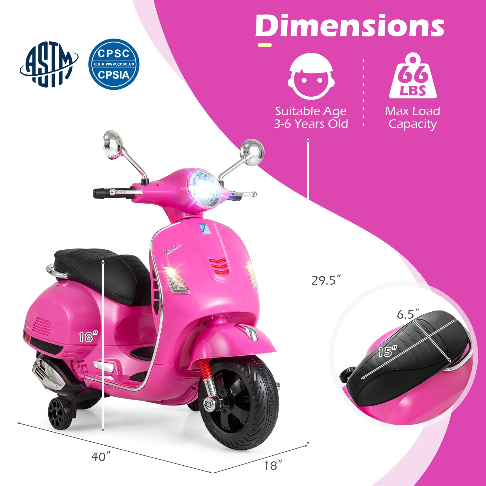 12V Kids Electric Motorcycle Licensed VESPA with Music and Training Wheels, Pink - Image 5