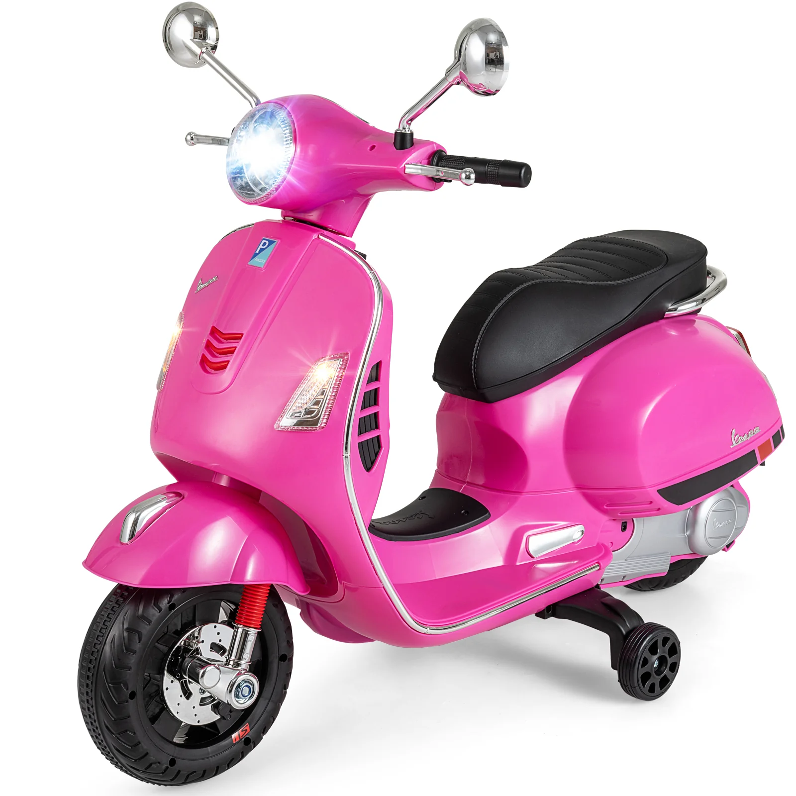12V Kids Electric Motorcycle Licensed VESPA with Music and Training Wheels, Pink - Image 6