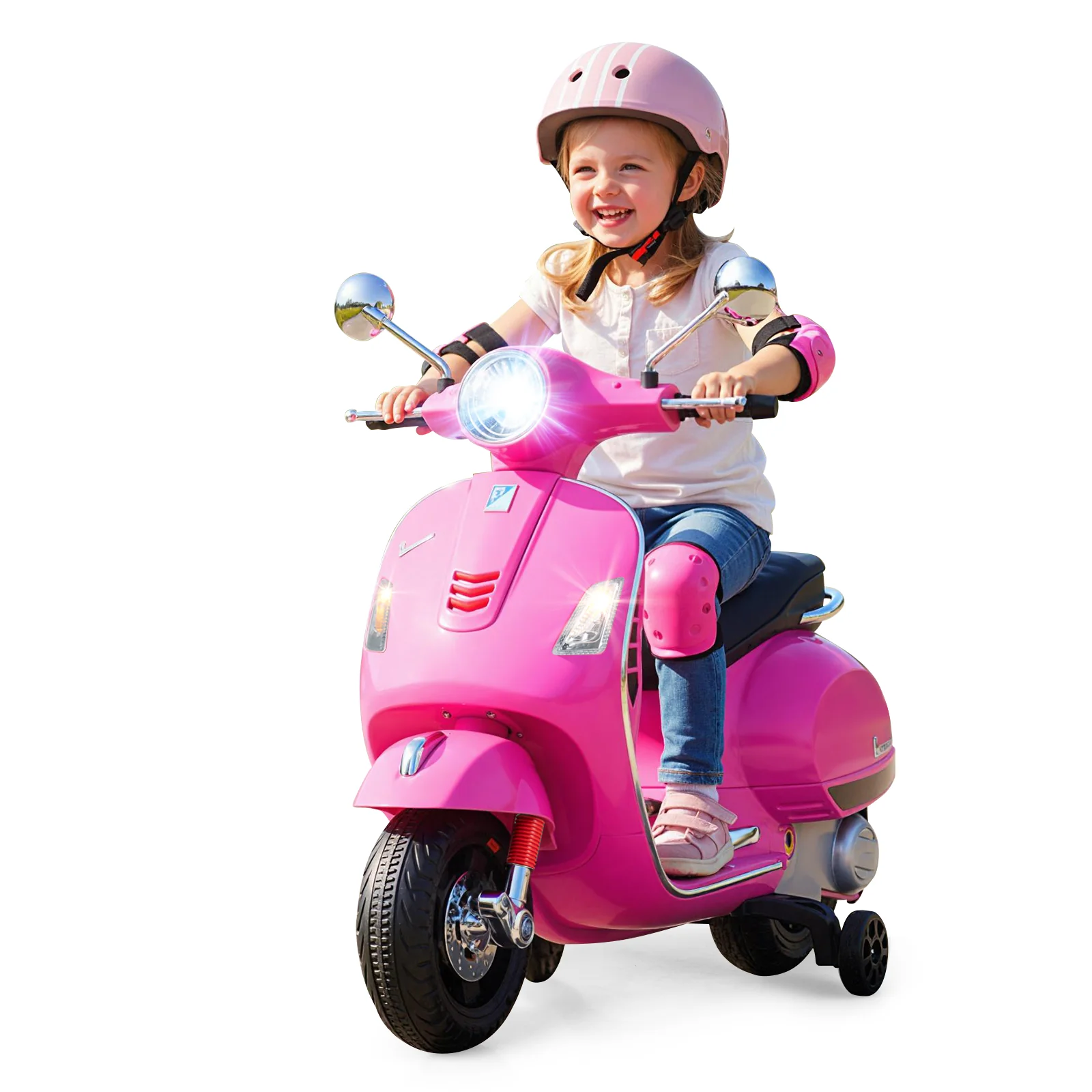 12V Kids Electric Motorcycle Licensed VESPA with Music and Training Wheels, Pink - Image 7