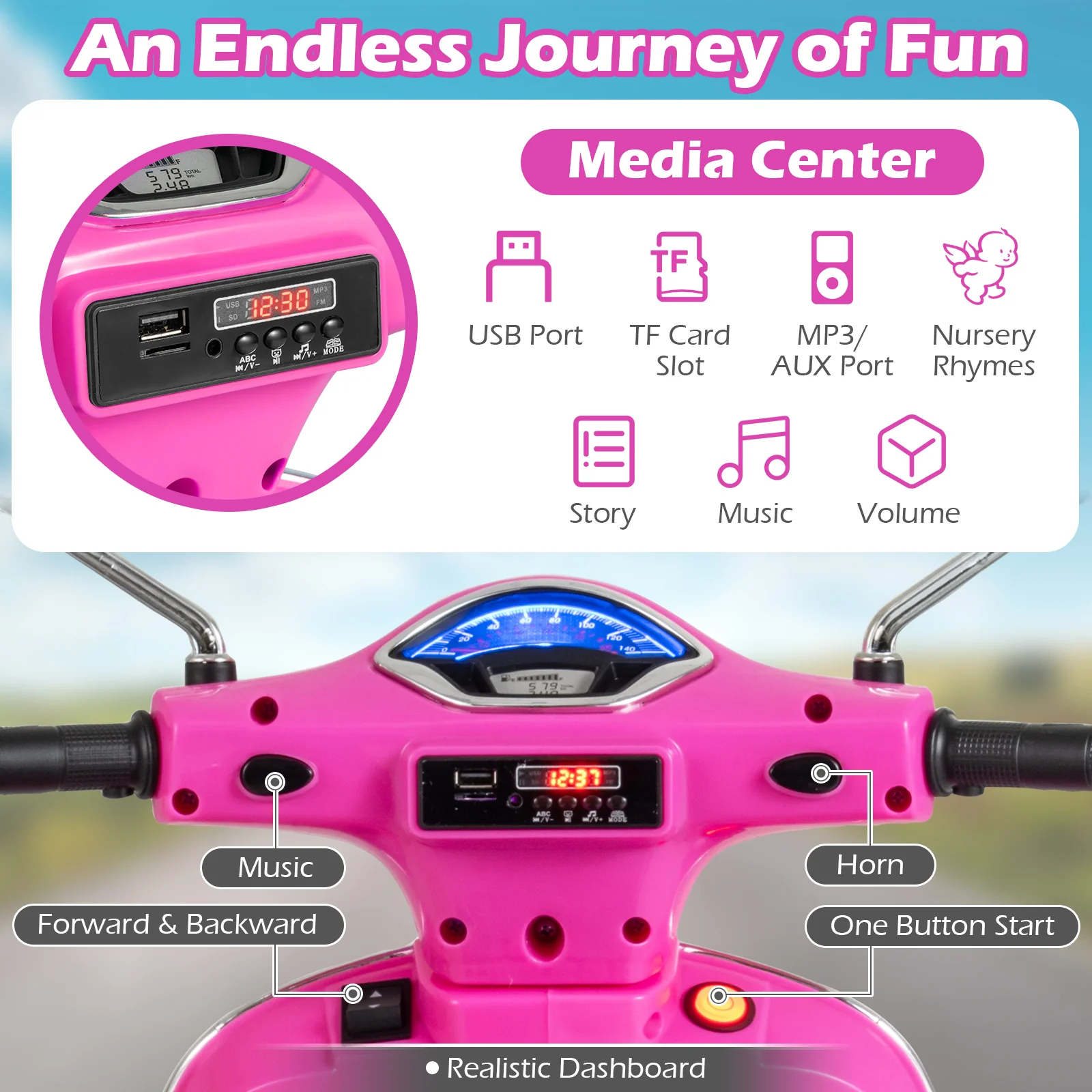 12V Kids Electric Motorcycle Licensed VESPA with Music and Training Wheels, Pink - Image 9