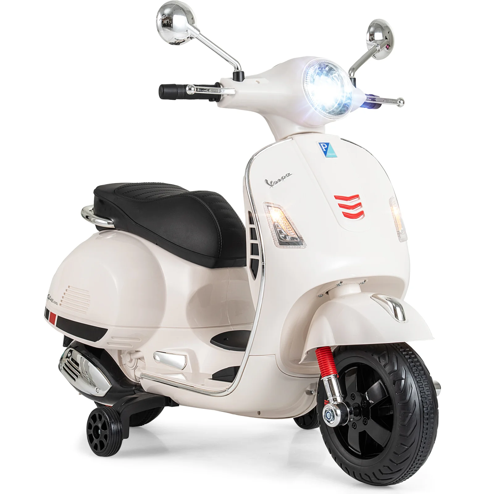 12V Kids Electric Motorcycle Licensed VESPA with Music and Training Wheels, White
