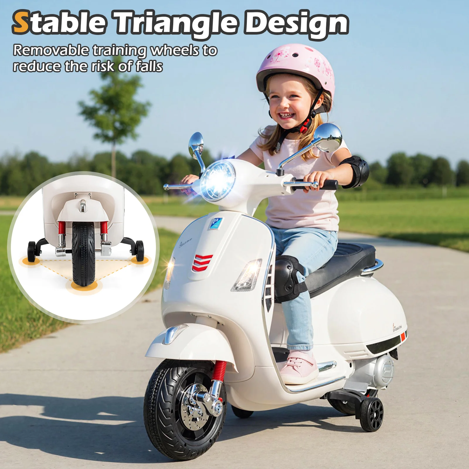 12V Kids Electric Motorcycle Licensed VESPA with Music and Training Wheels, White - Image 10