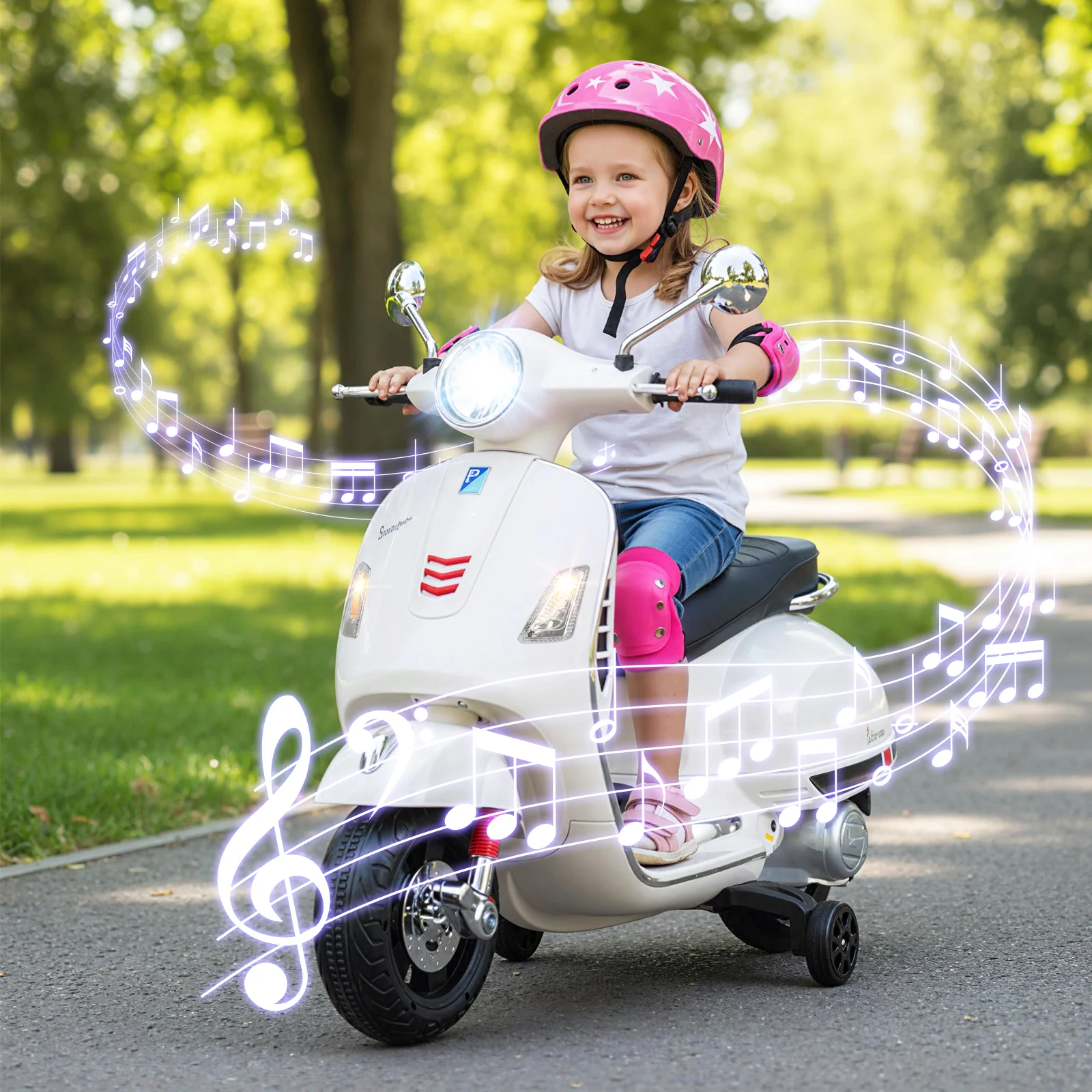 12V Kids Electric Motorcycle Licensed VESPA with Music and Training Wheels, White - Image 2