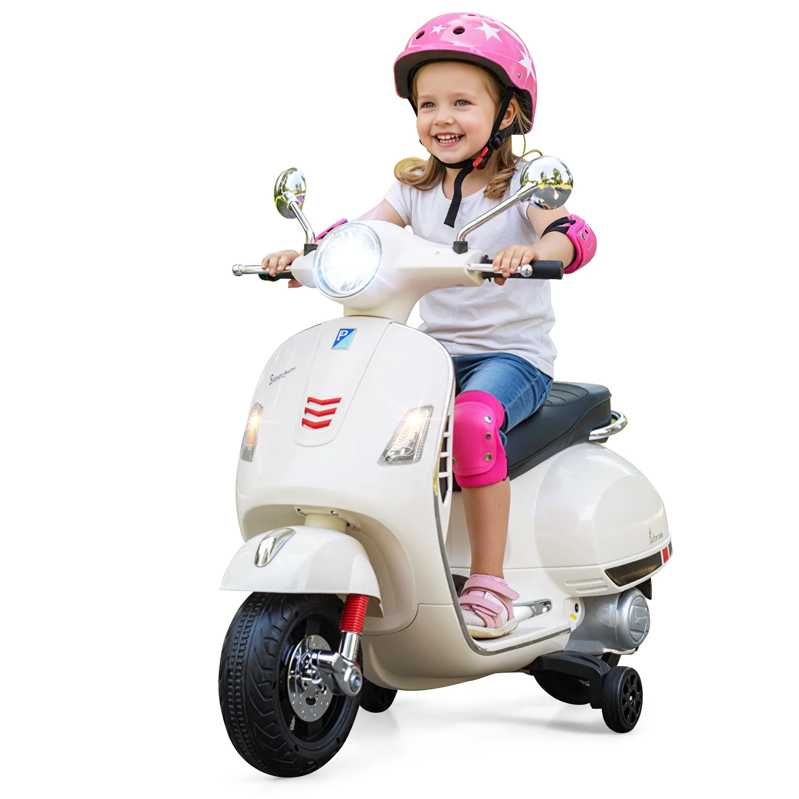 12V Kids Electric Motorcycle Licensed VESPA with Music and Training Wheels, White - Image 4