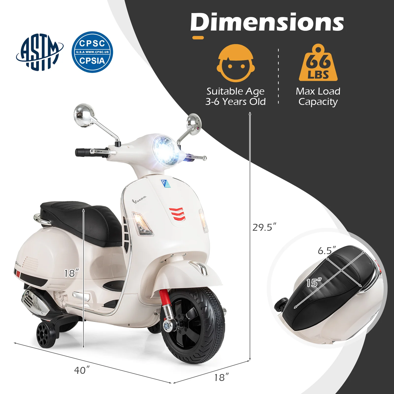 12V Kids Electric Motorcycle Licensed VESPA with Music and Training Wheels, White - Image 5