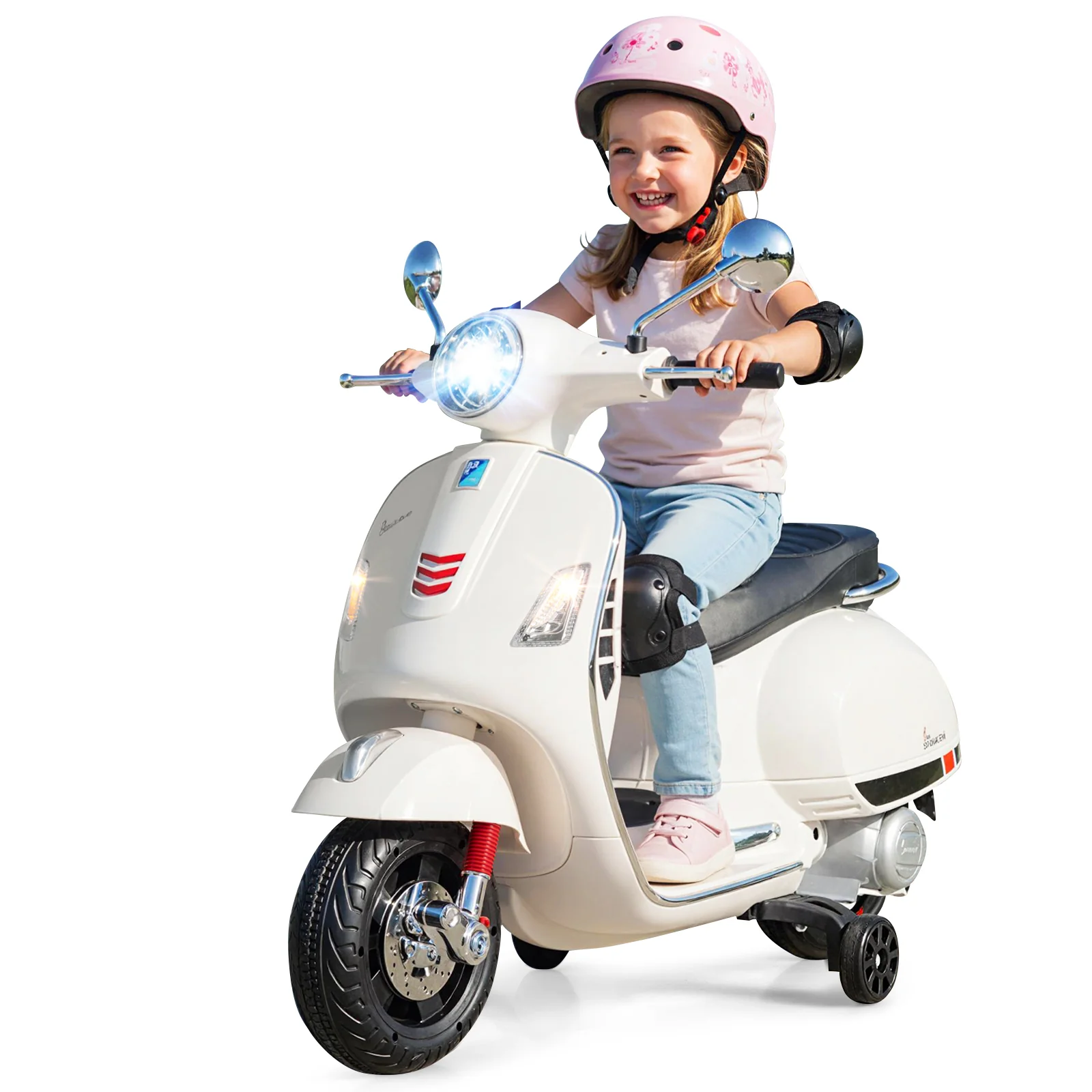 12V Kids Electric Motorcycle Licensed VESPA with Music and Training Wheels, White - Image 6