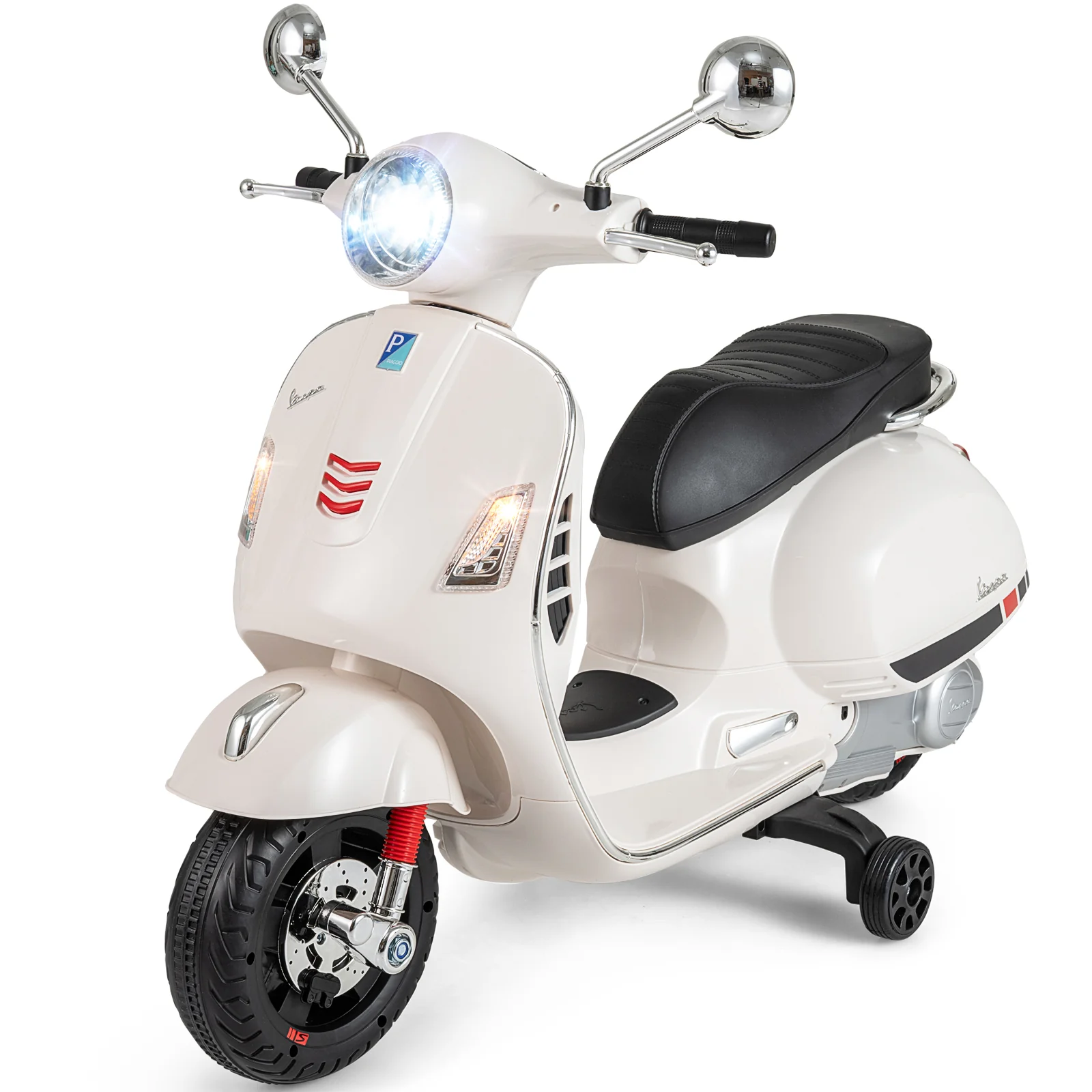 12V Kids Electric Motorcycle Licensed VESPA with Music and Training Wheels, White - Image 7
